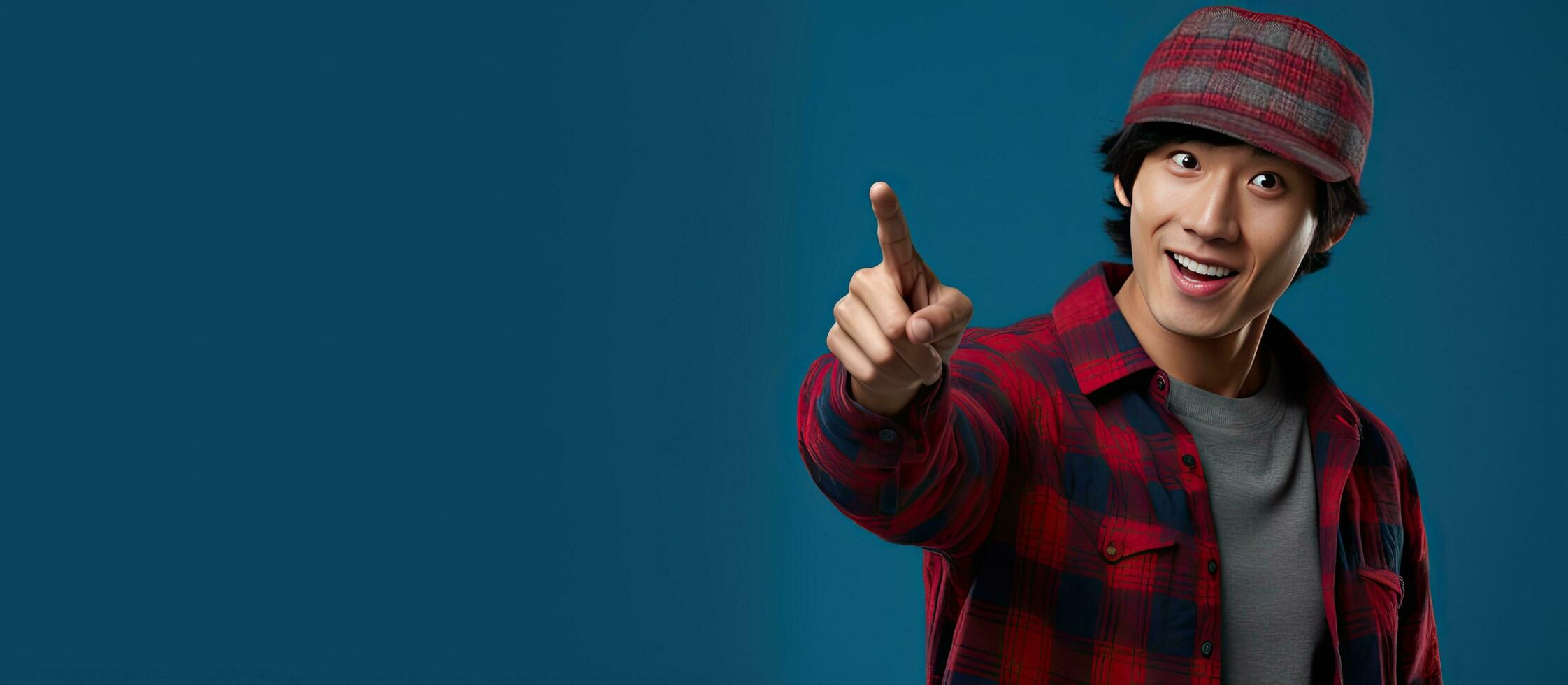 Energized Asian man with hat and flannel shirt points left at copy space on blue background photo