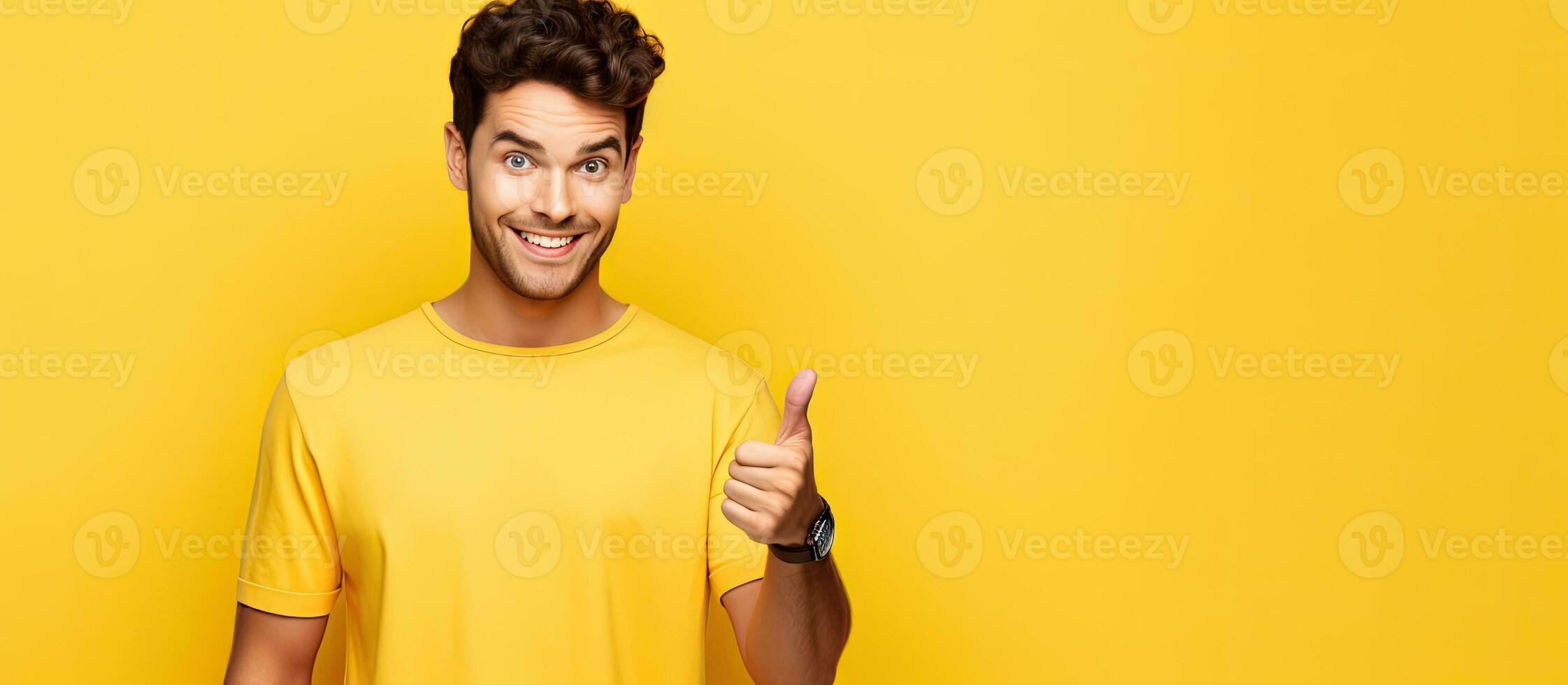 joven hombre con alegre expresión señalando dedos lejos desde su palma en amarillo antecedentes foto