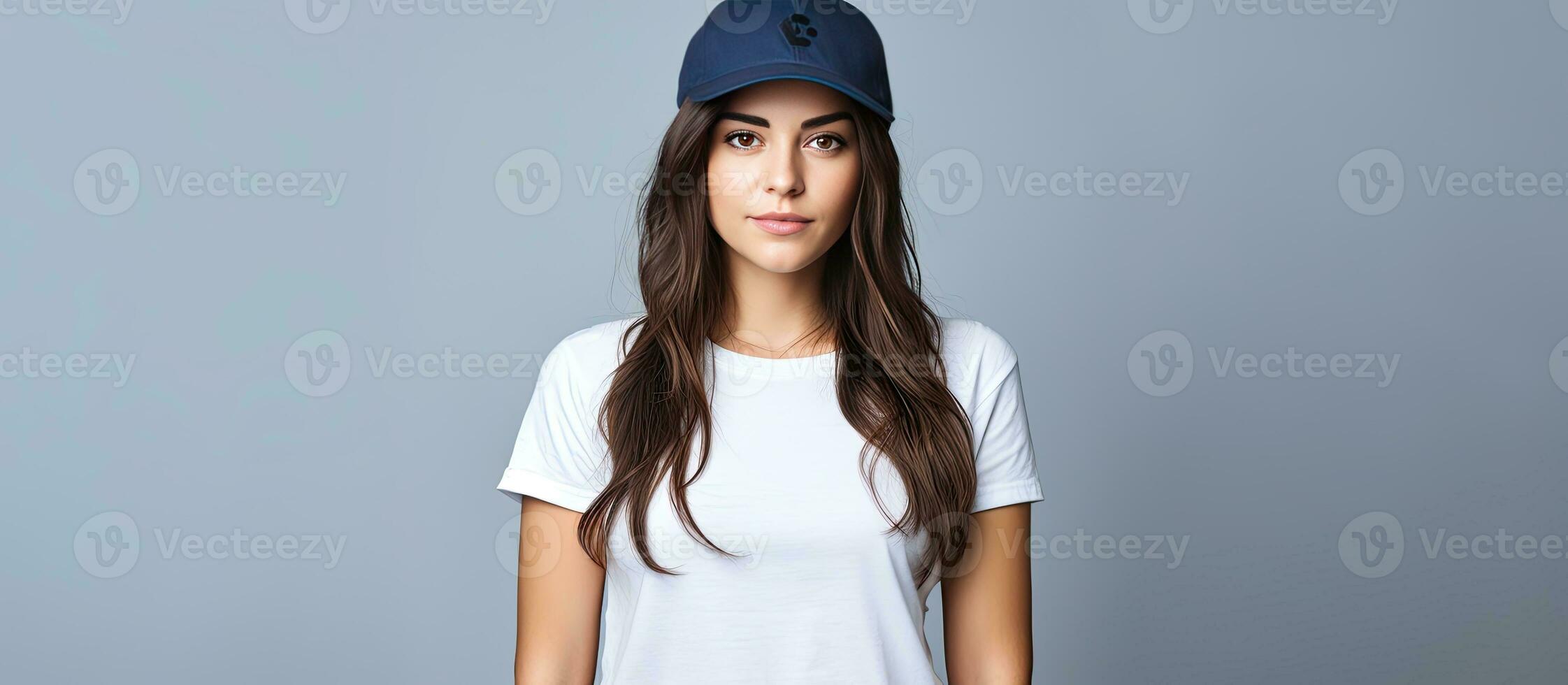 Attractive brunette promoter with blue shirt and cap standing on white background with space for text photo