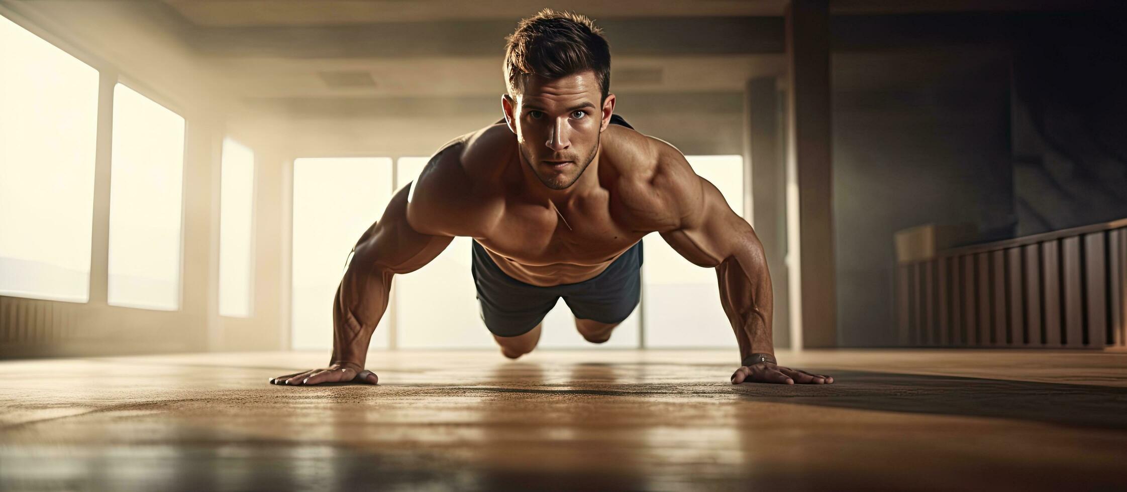 Male athlete doing push ups in open space photo