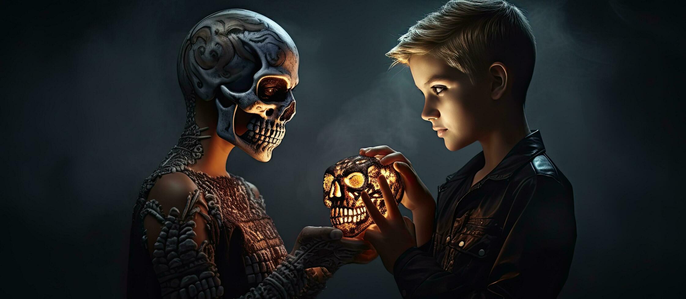 Costumes makeup and hairstyles are seen in a studio portrait of a young witch and a teenage boy holding a sign and skeleton for a Halloween celebration Th photo