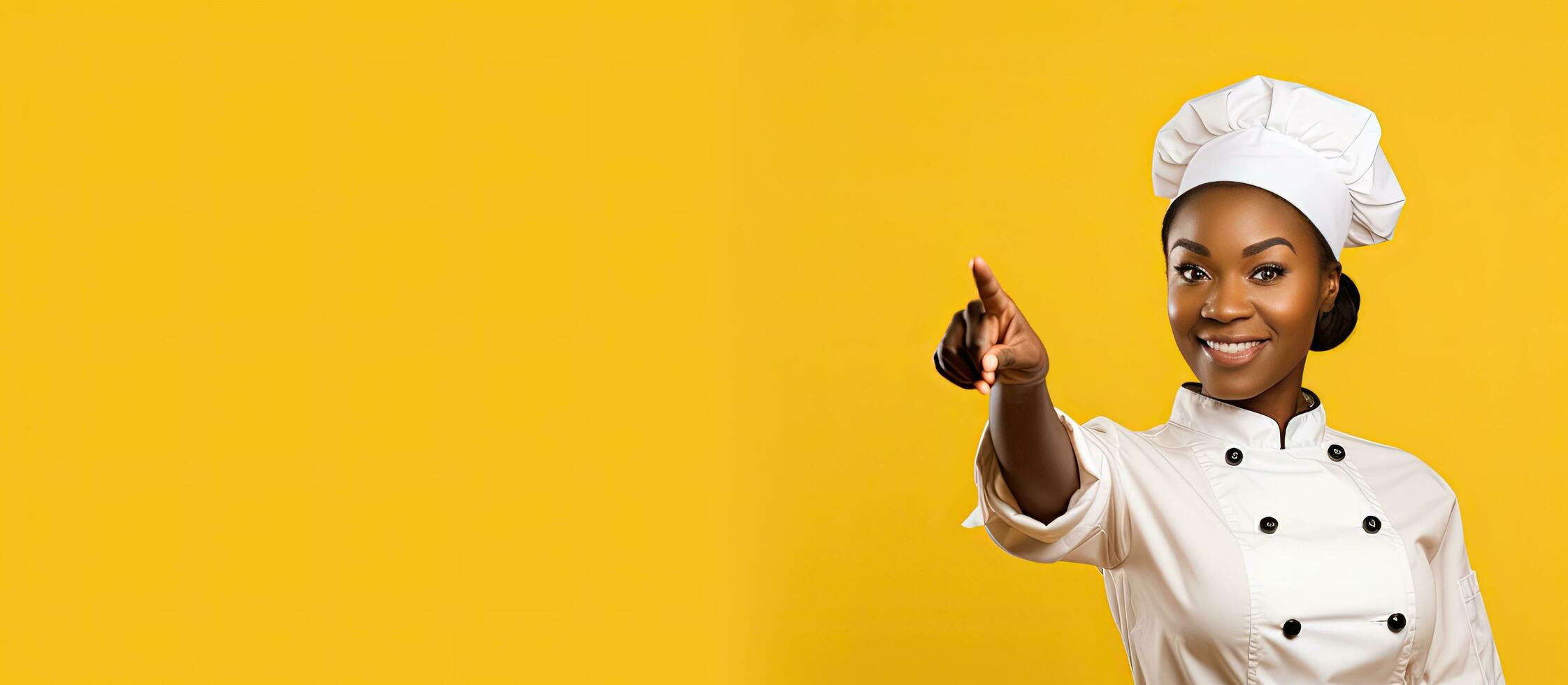 African American chef pointing at blank space for advertisement photo