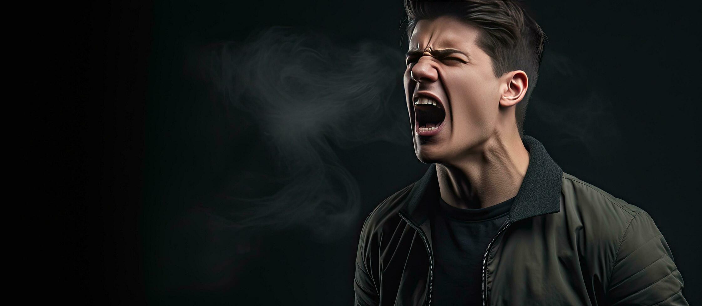 A furious young man gesturing and yelling loudly in a blank area photo