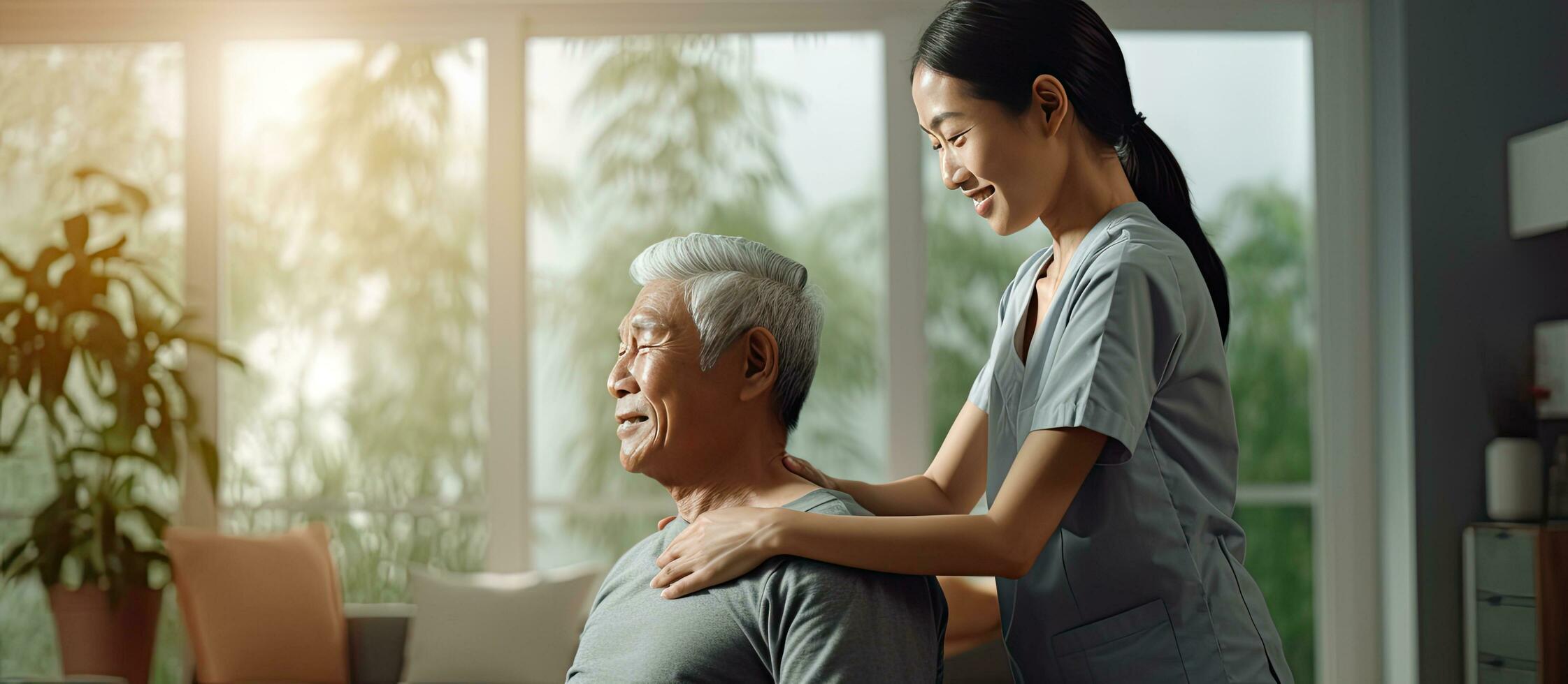 Female physiotherapist treating elderly male patient with stretching exercise in hospital with copy space Healthcare services photo