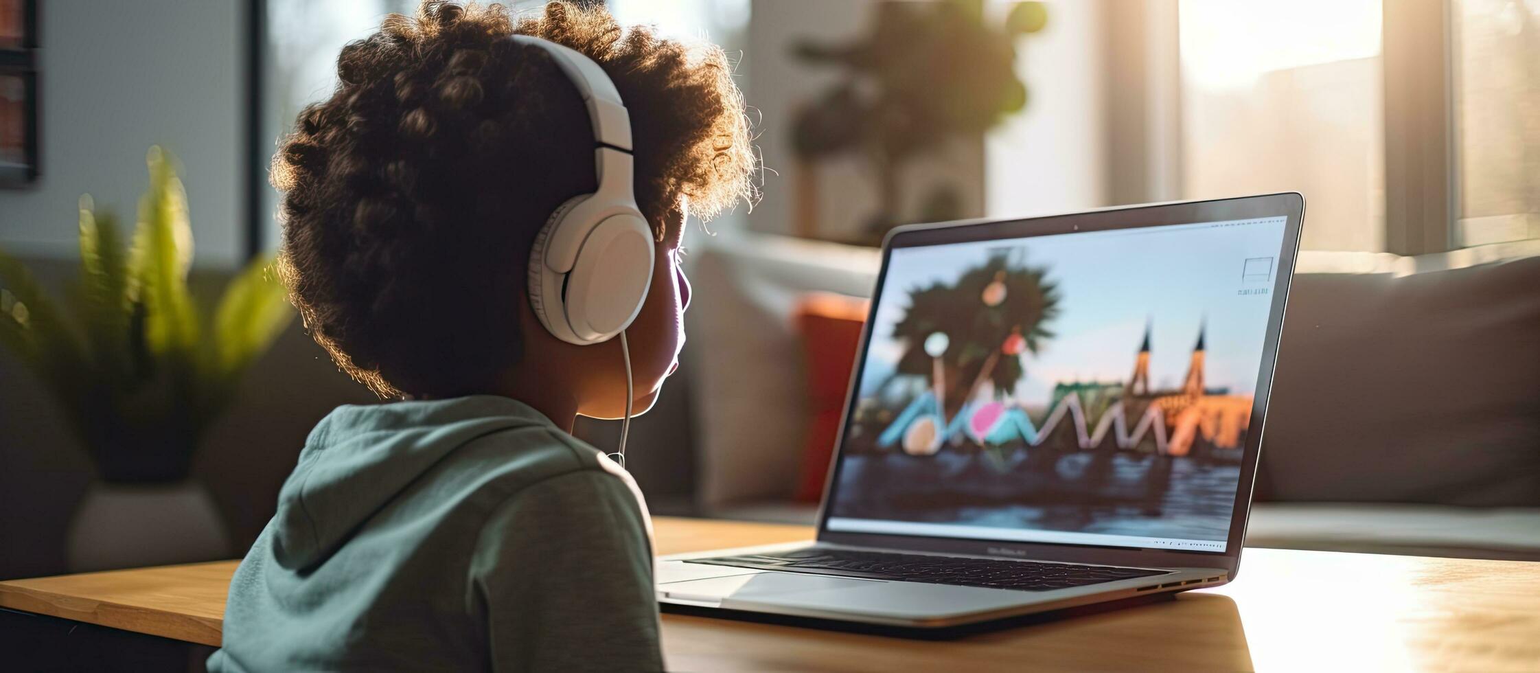 Biracial boy video calling at home distant learning concept photo