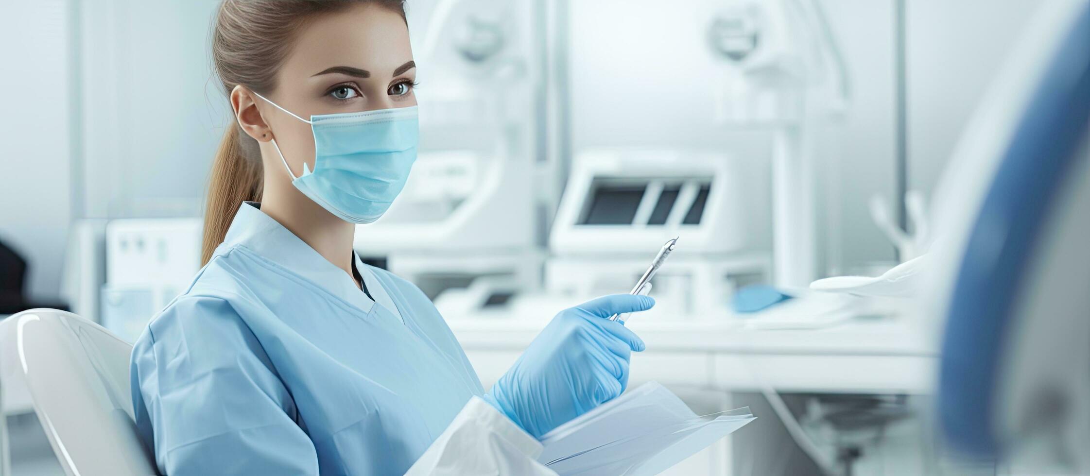 Female doctor wearing mask and gloves next to patient on dental chair with mouth mirrors photo