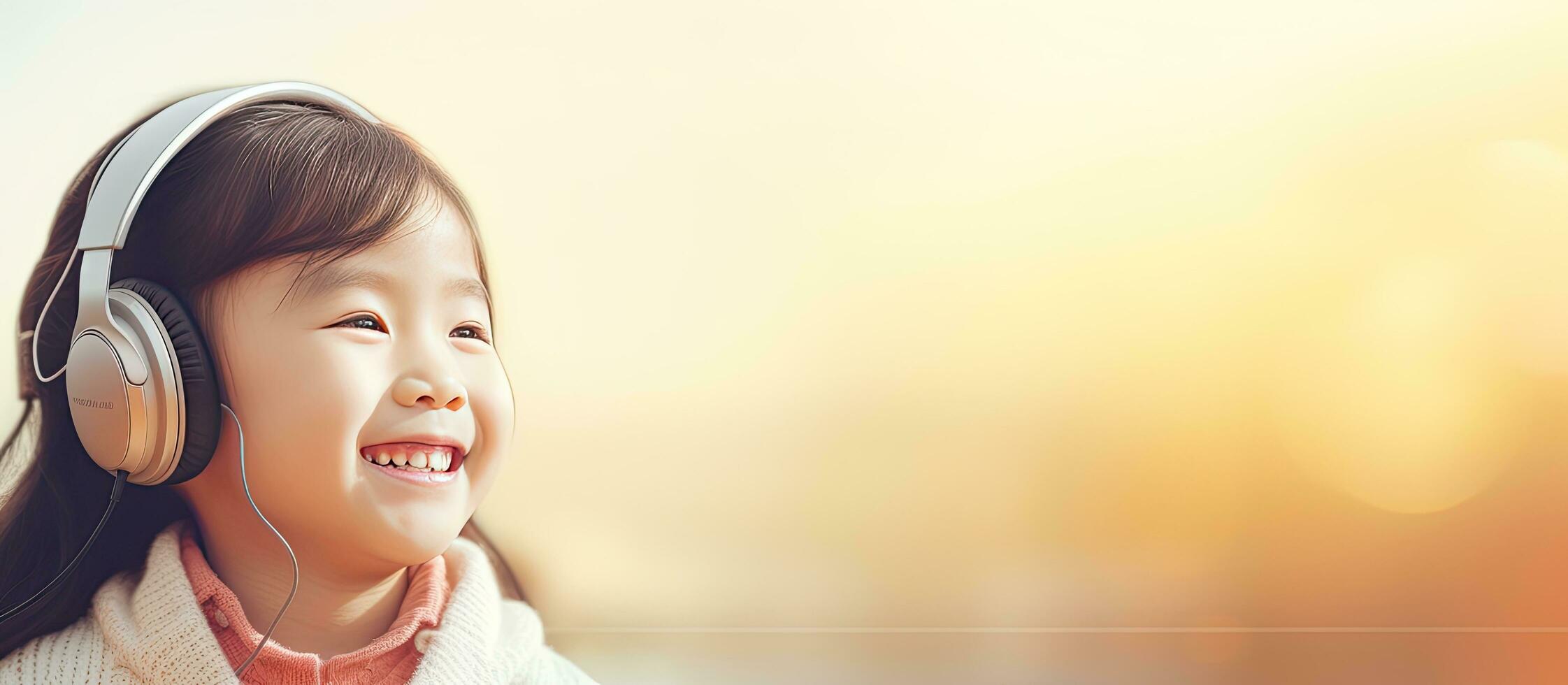 Asian girl wearing headphones listening to music and looking at blank area photo