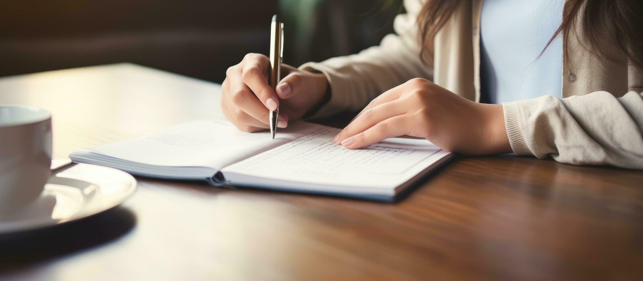 A young student at home studying and writing in her notebook with a pencil preparing for an exam photo