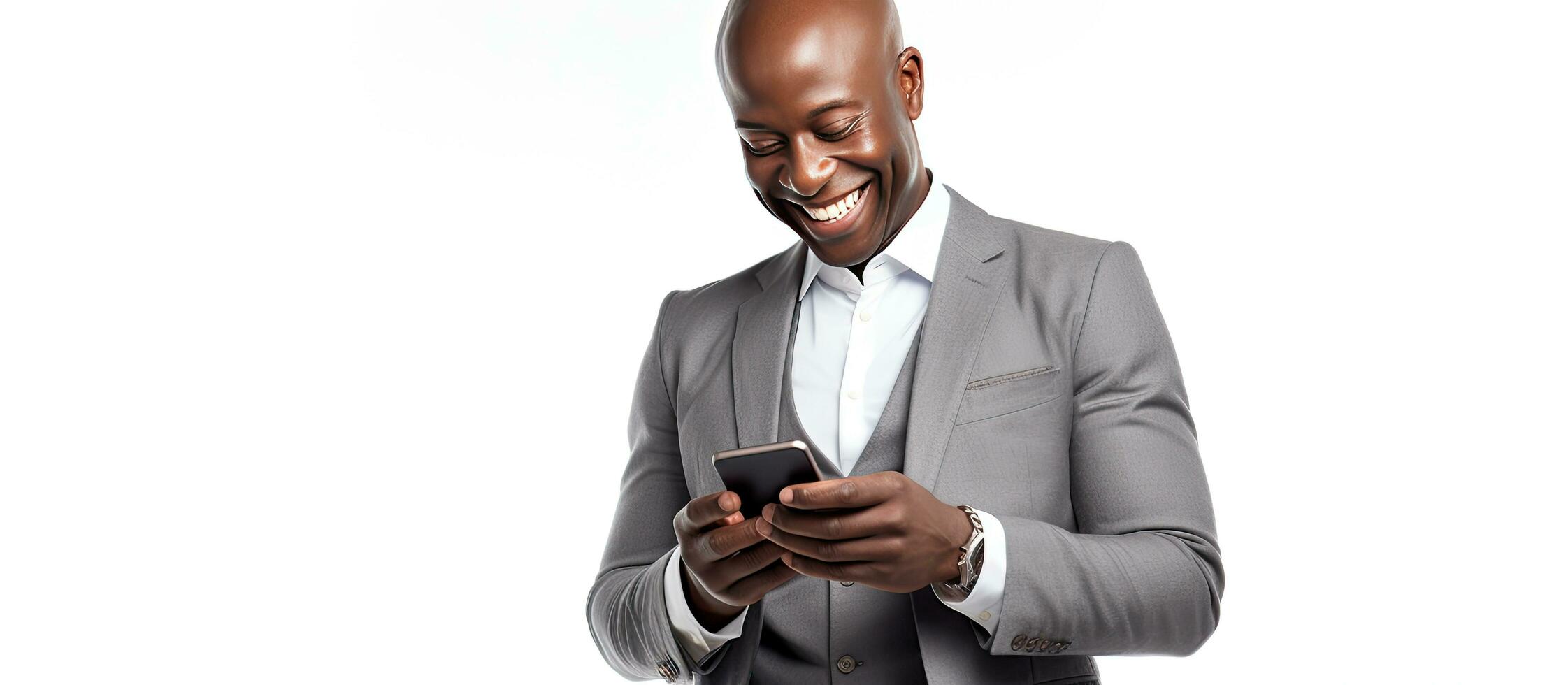 Successful black businessman in formal wear happily looking at phone Bald White background photo
