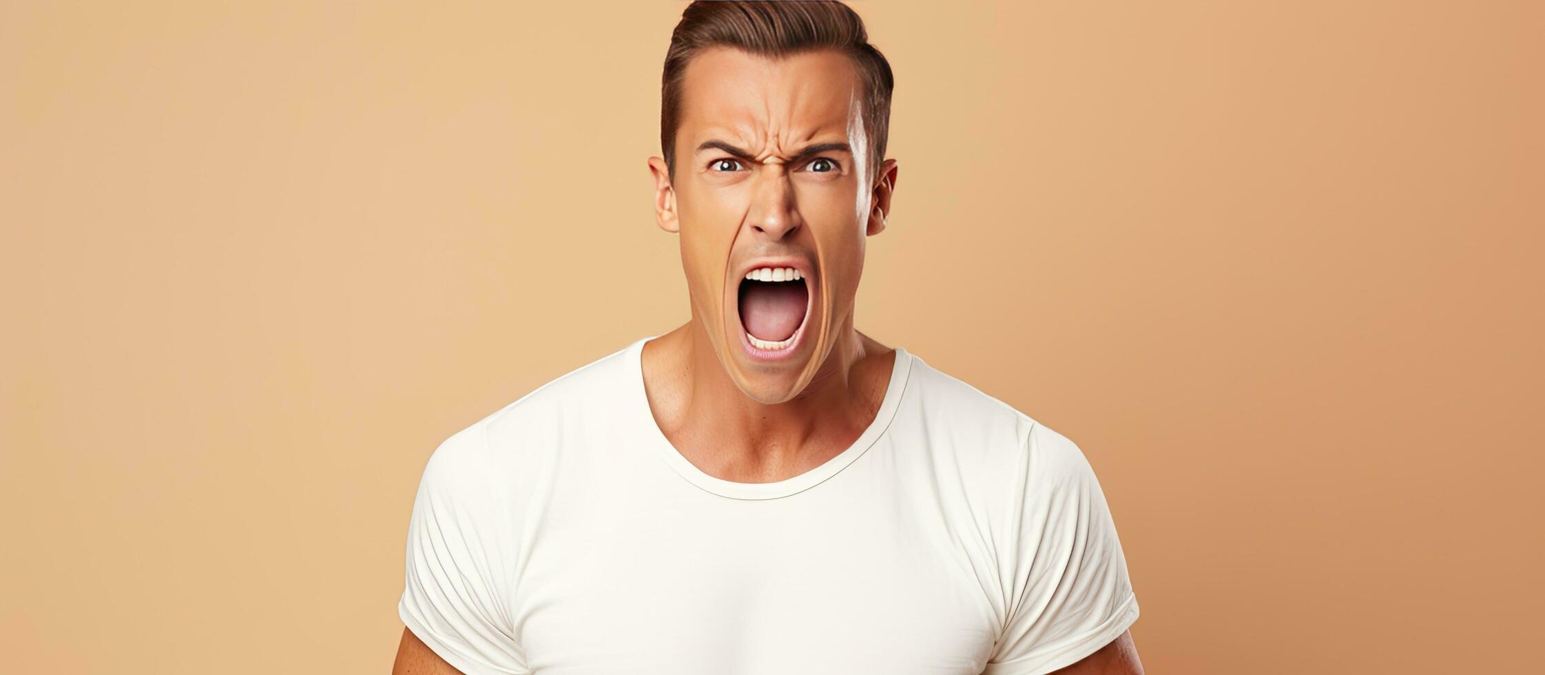 Angry man in stylish apparel screaming on beige background camera look copy space photo