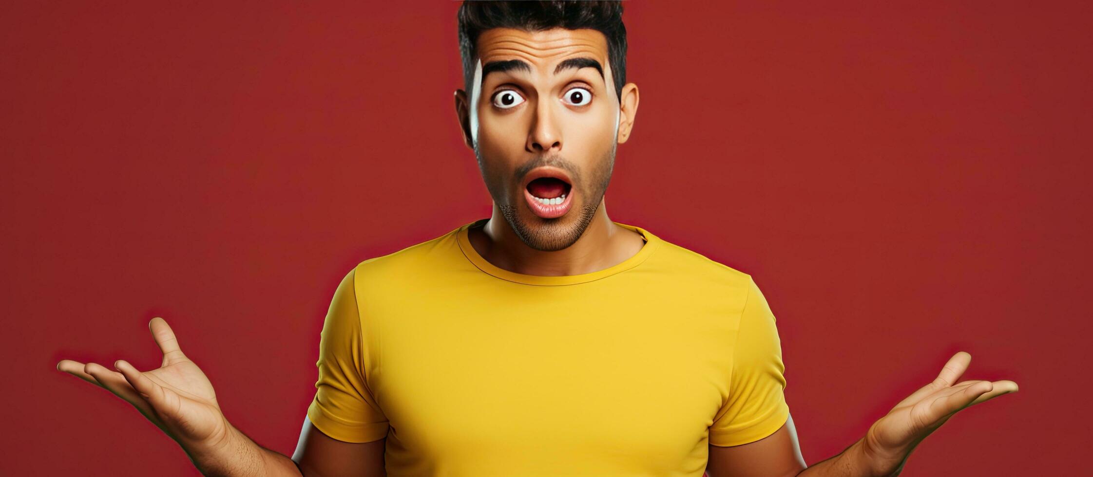 Latin man in red T shirt stunned pointing right impressed by something suggesting product photo