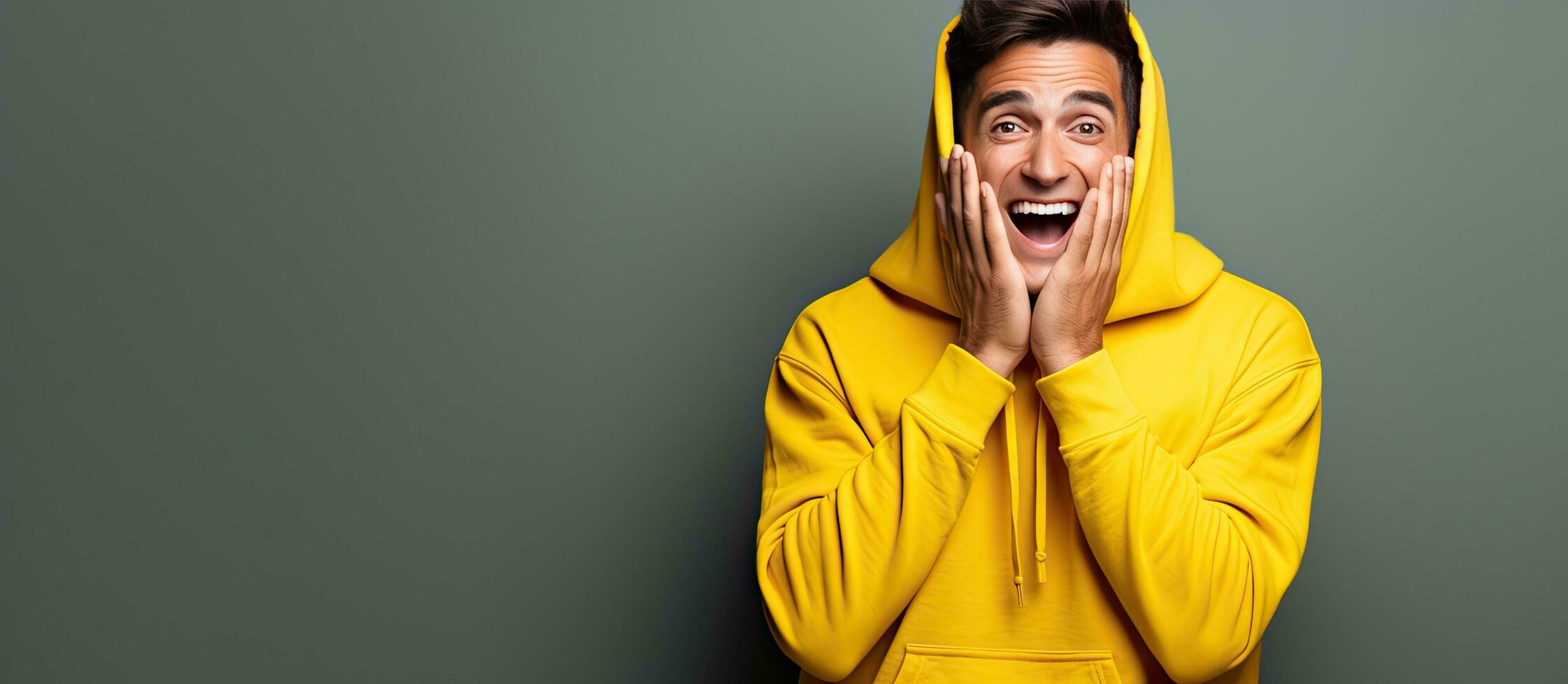 Astonished person with yellow hoodie holds palm with copy space hand on cheek photo