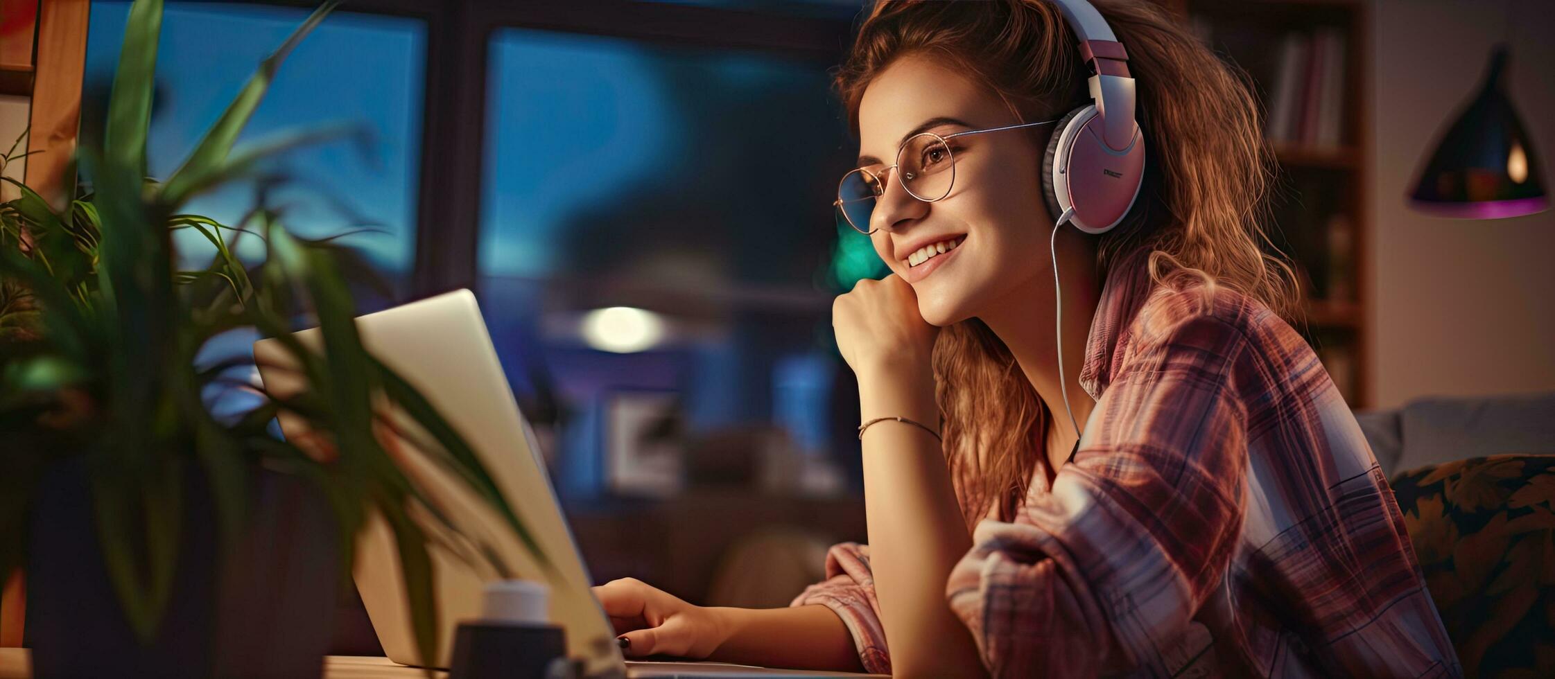 A hipster girl is enjoying a movie online at home on her laptop with a fast internet connection leaving a blank space on the computer screen photo