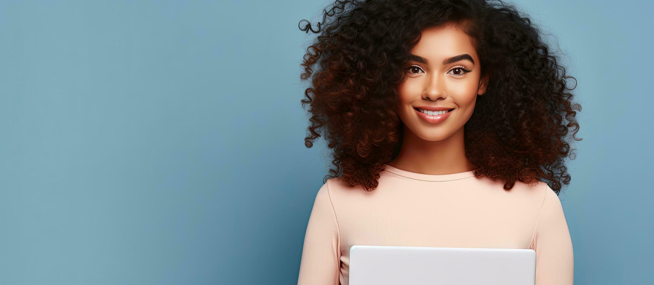 A joyful Latina entrepreneur with curly hair holds laptop mockup in a studio background leaving room for text photo