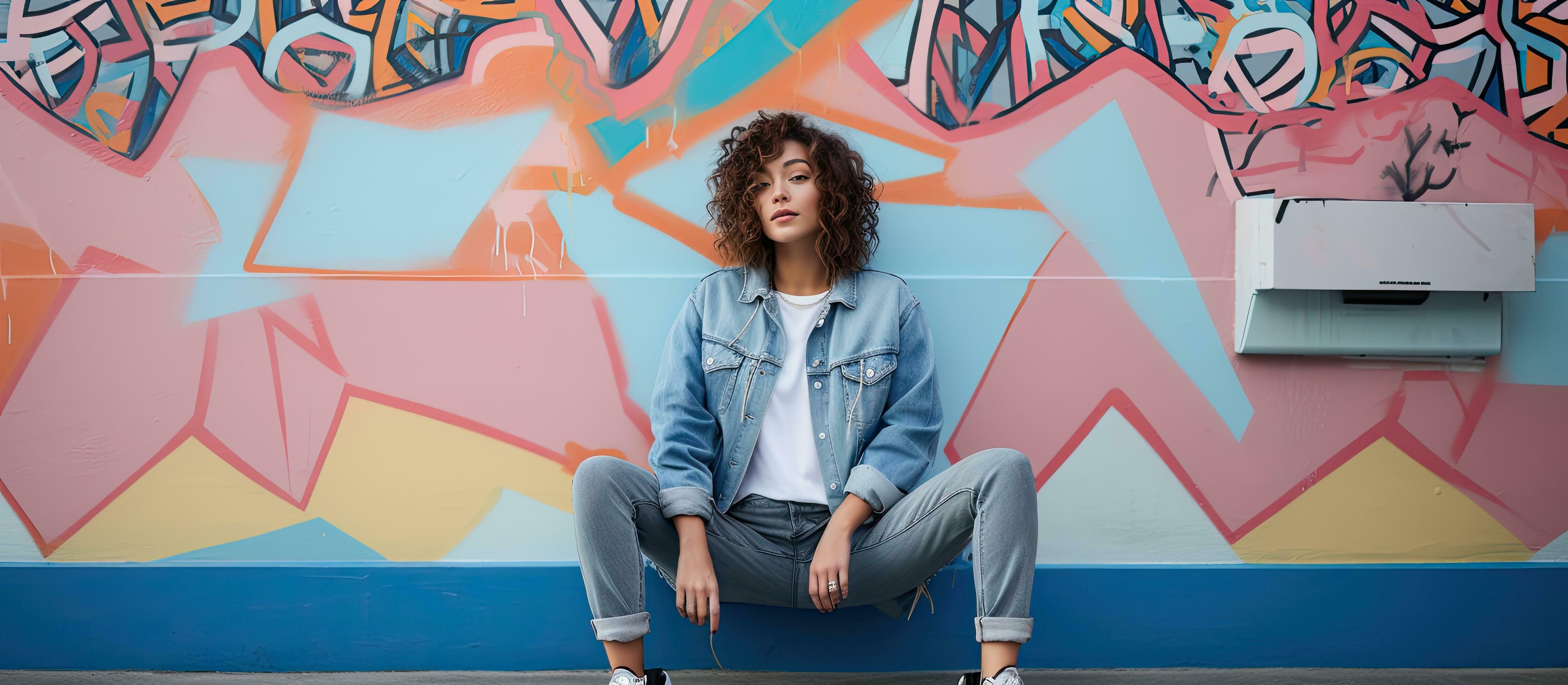 Female hipster leaning on colorful graffiti wall in denim clothes