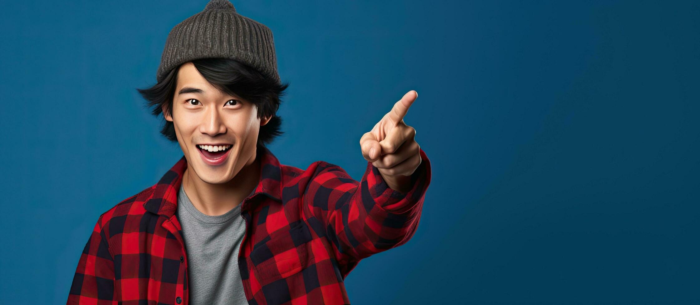 Asian man wearing beanie hat and red plaid flannel shirt energetically points upwards with finger on blue background photo