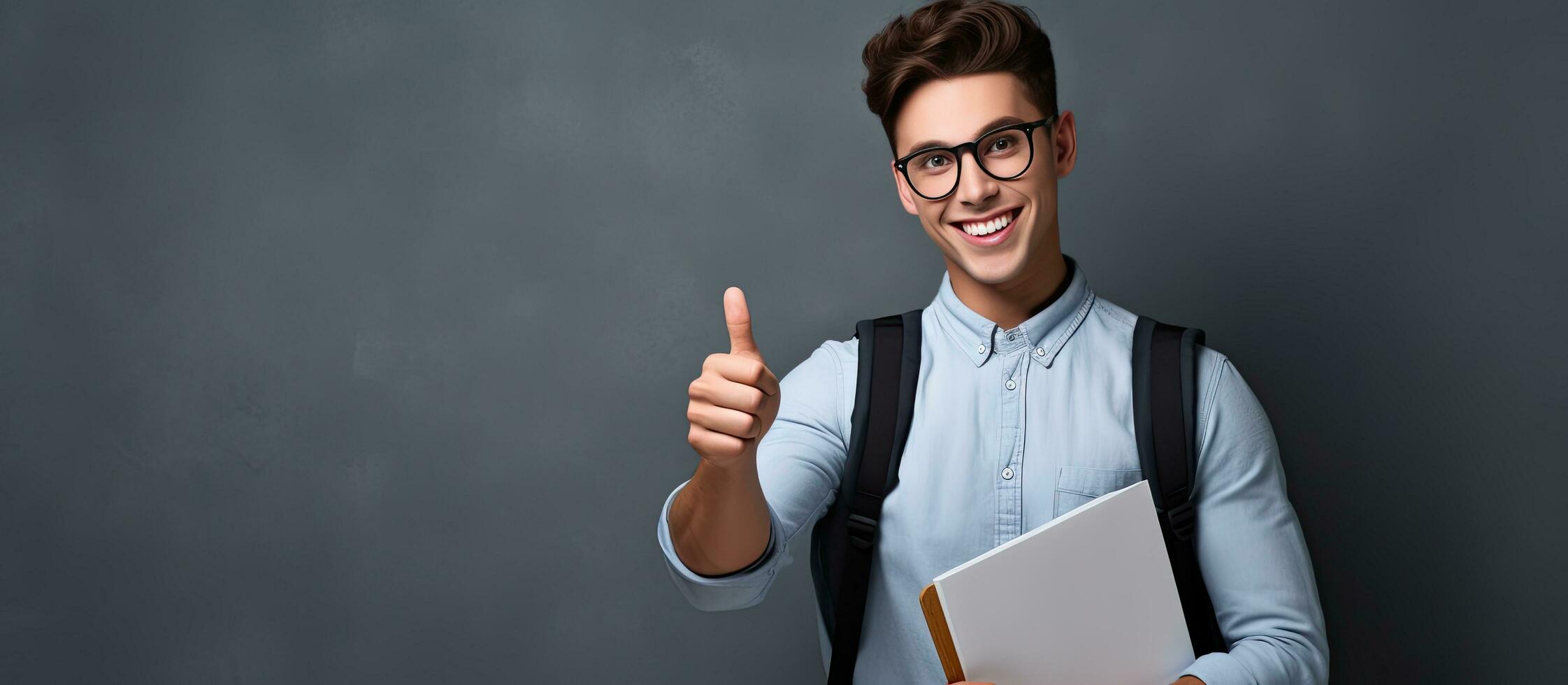 Happy student shows something on a blank background photo