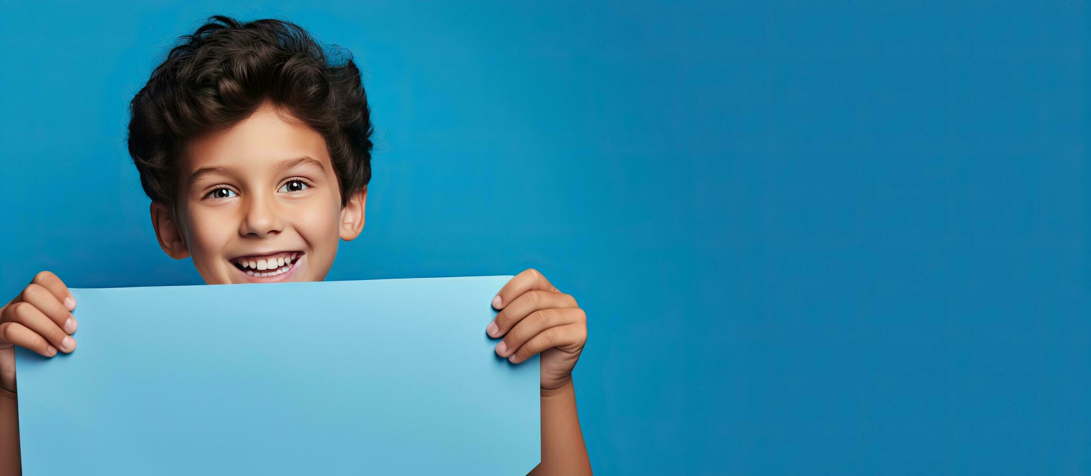 Teen child pointing finger behind blue advertisement paper photo