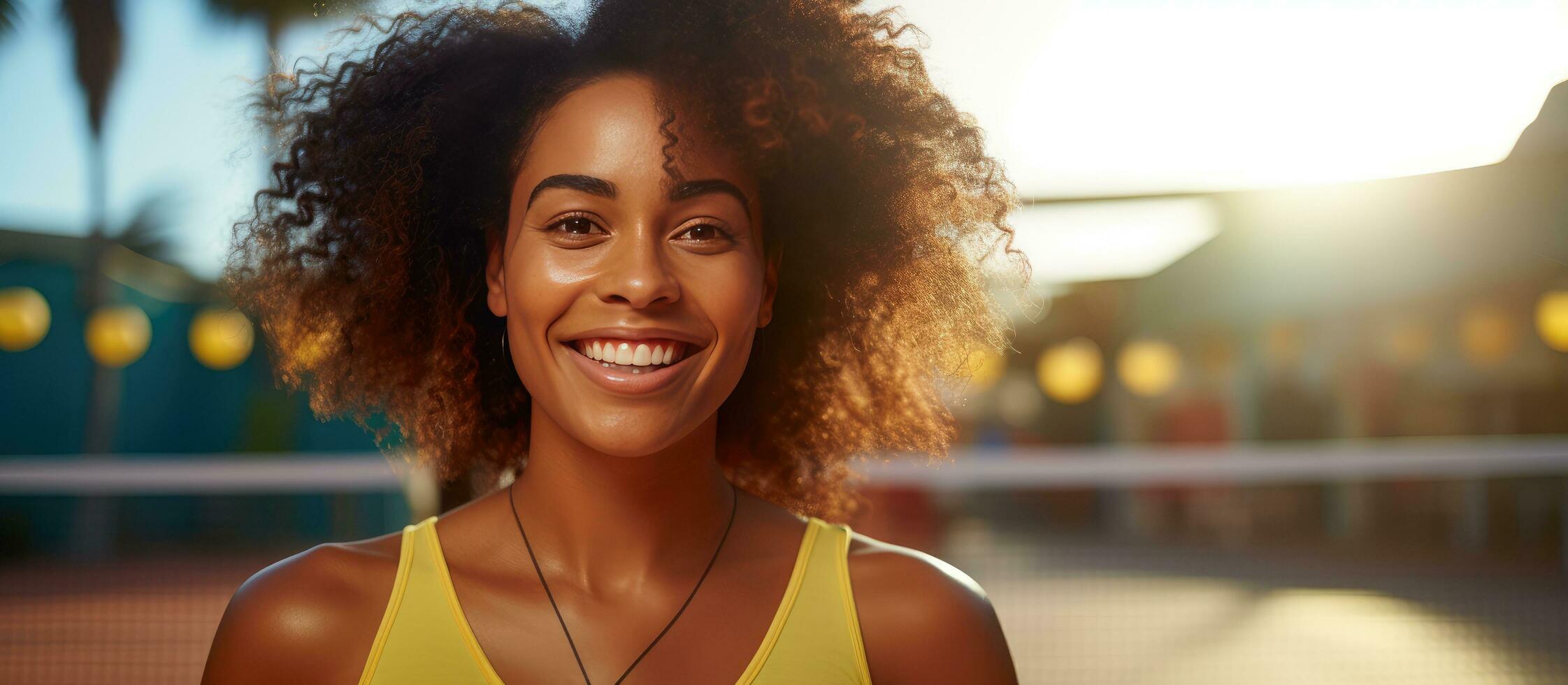 Smiling African American woman playing pickleball outdoors making eye contact with camera Ample room for text photo