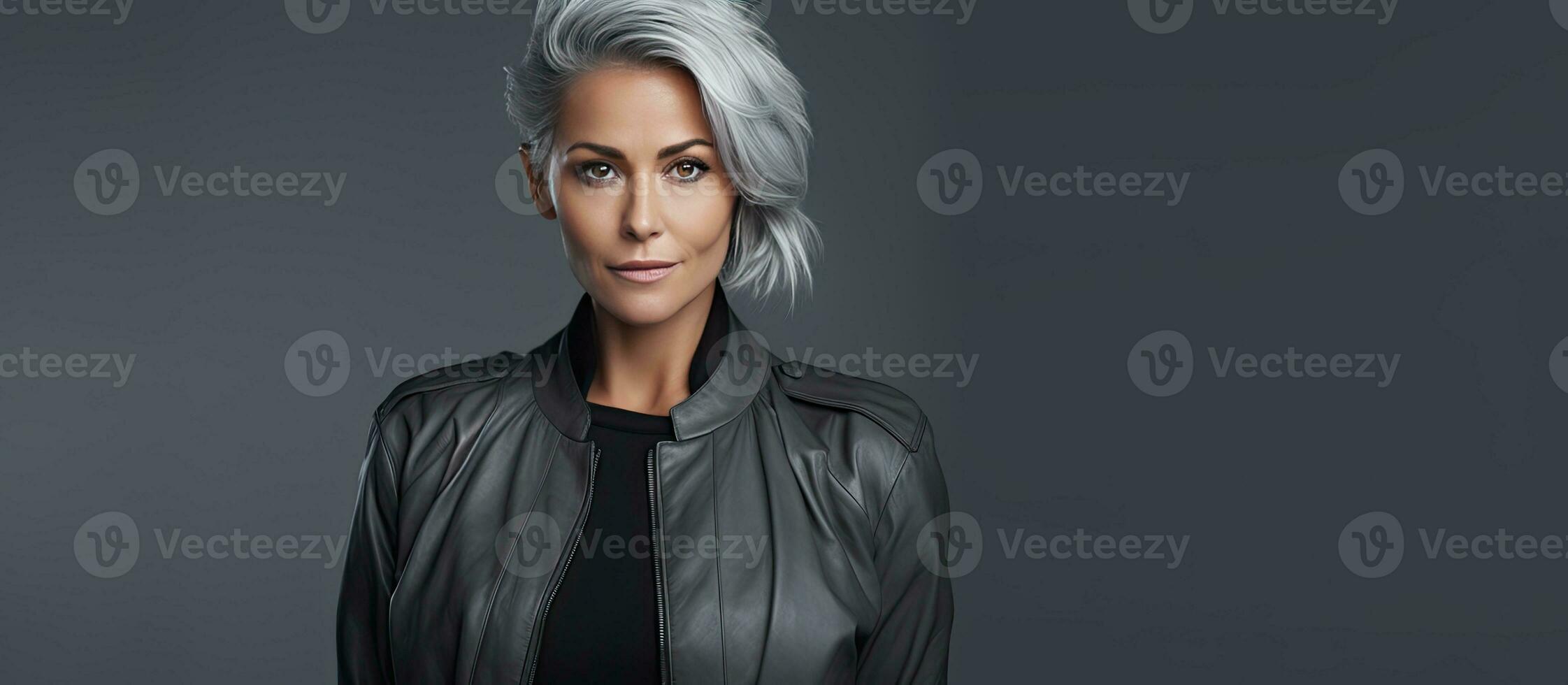 Gray haired middle aged woman in a fashionable jacket on a studio backdrop with room for text photo
