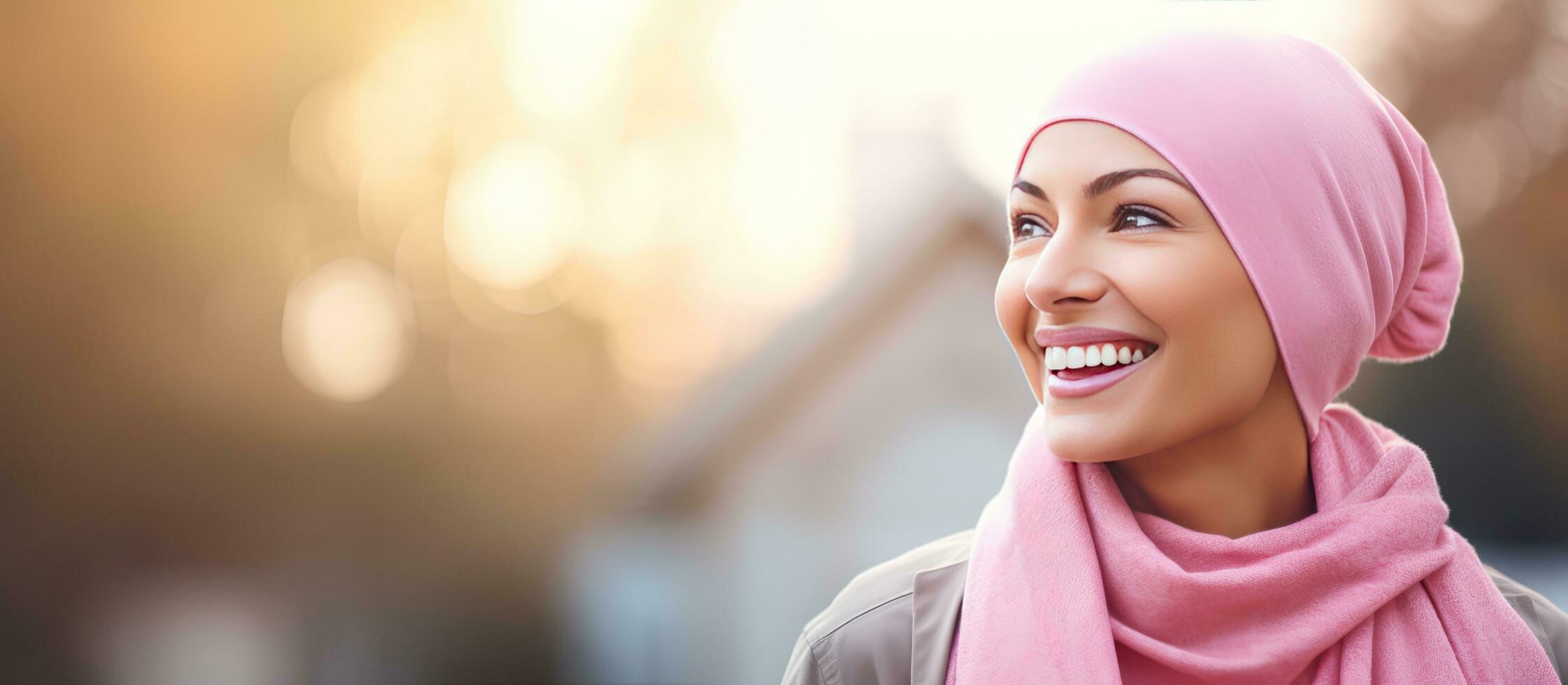 mujer con rosado pecho cáncer conciencia cinta en Saco sonriente foto