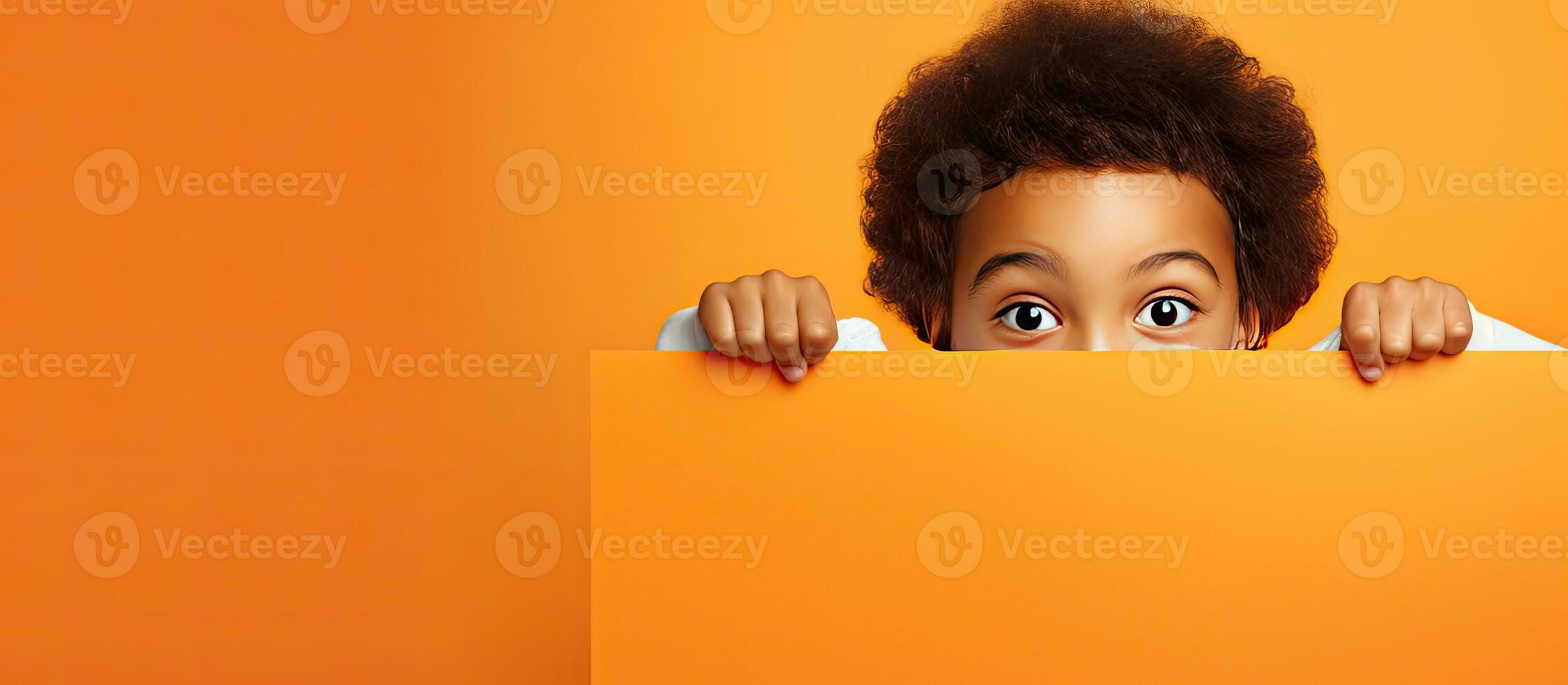 Child with orange paper for advert photo