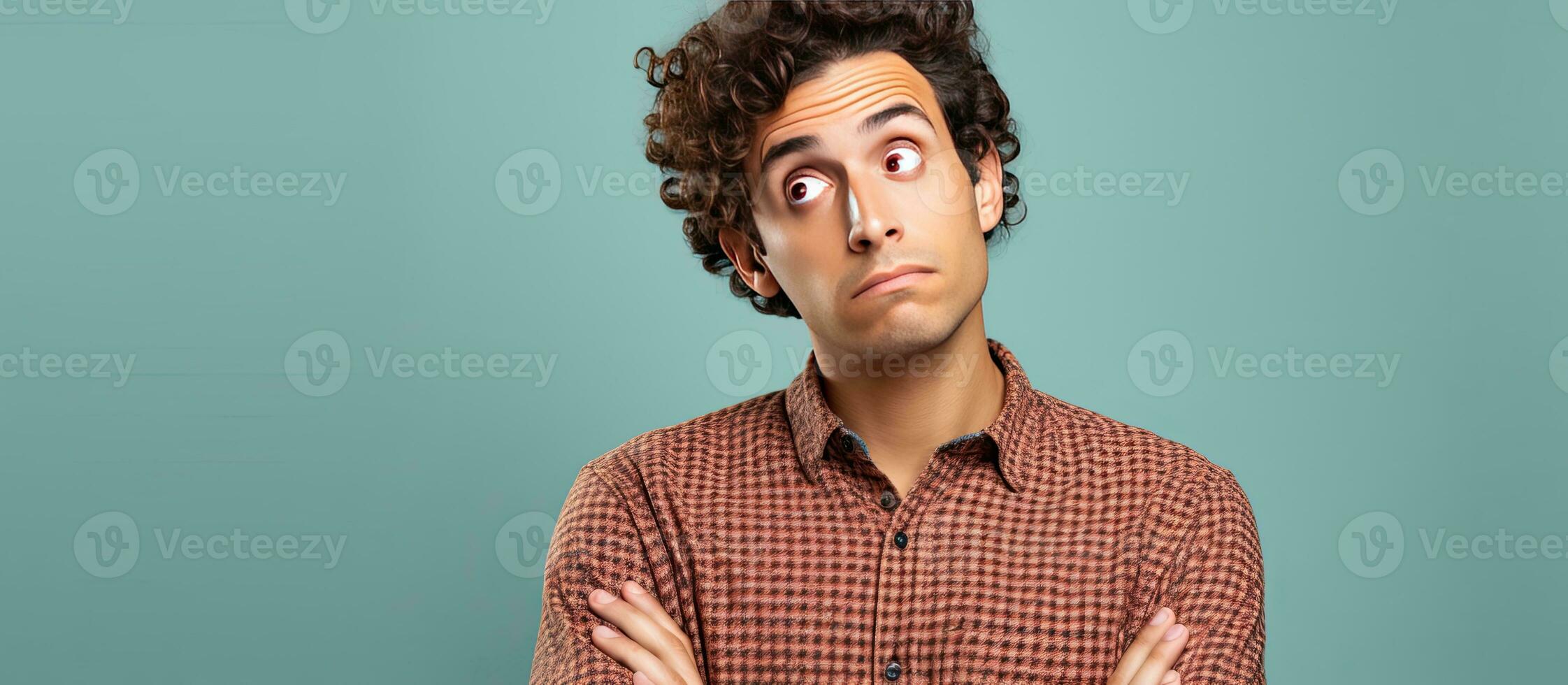 A perplexed anxious young man glancing upwards uncertain and in doubt photo