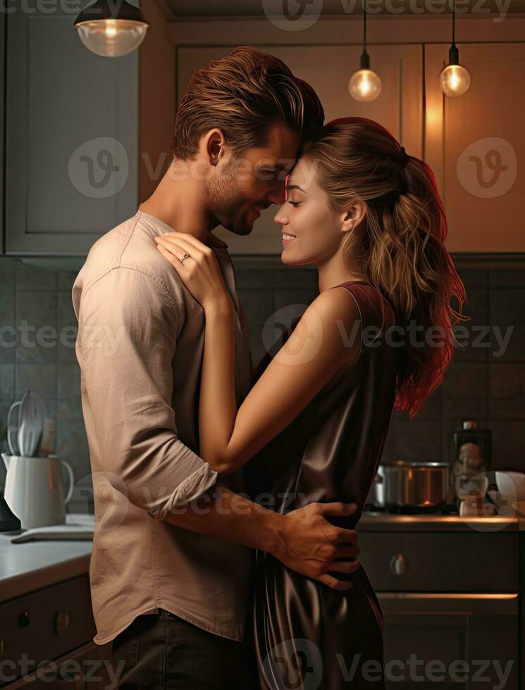 Minimal waist up portrait of affectionate couple in kitchen gazing at each other blank area photo