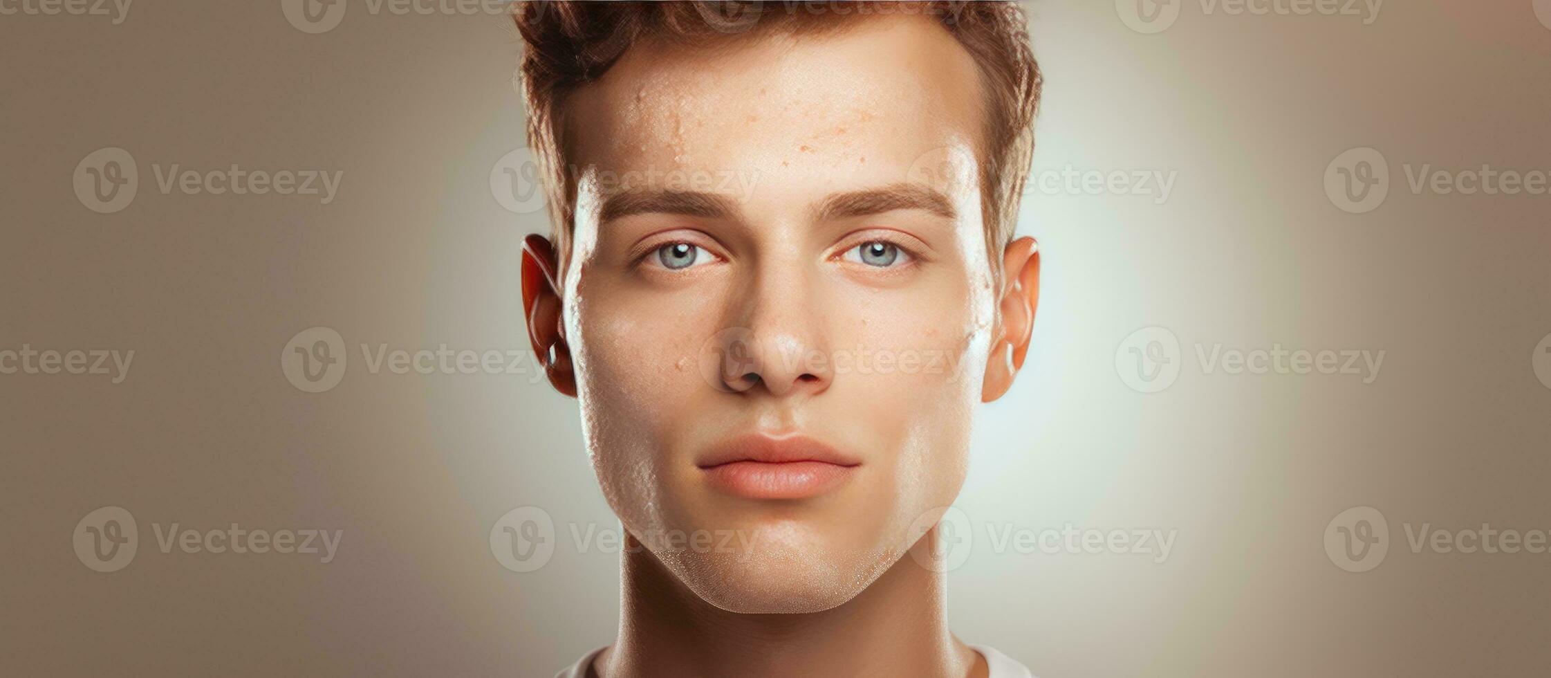 Cosmetic treatment on Caucasian man s face with skincare awareness photo