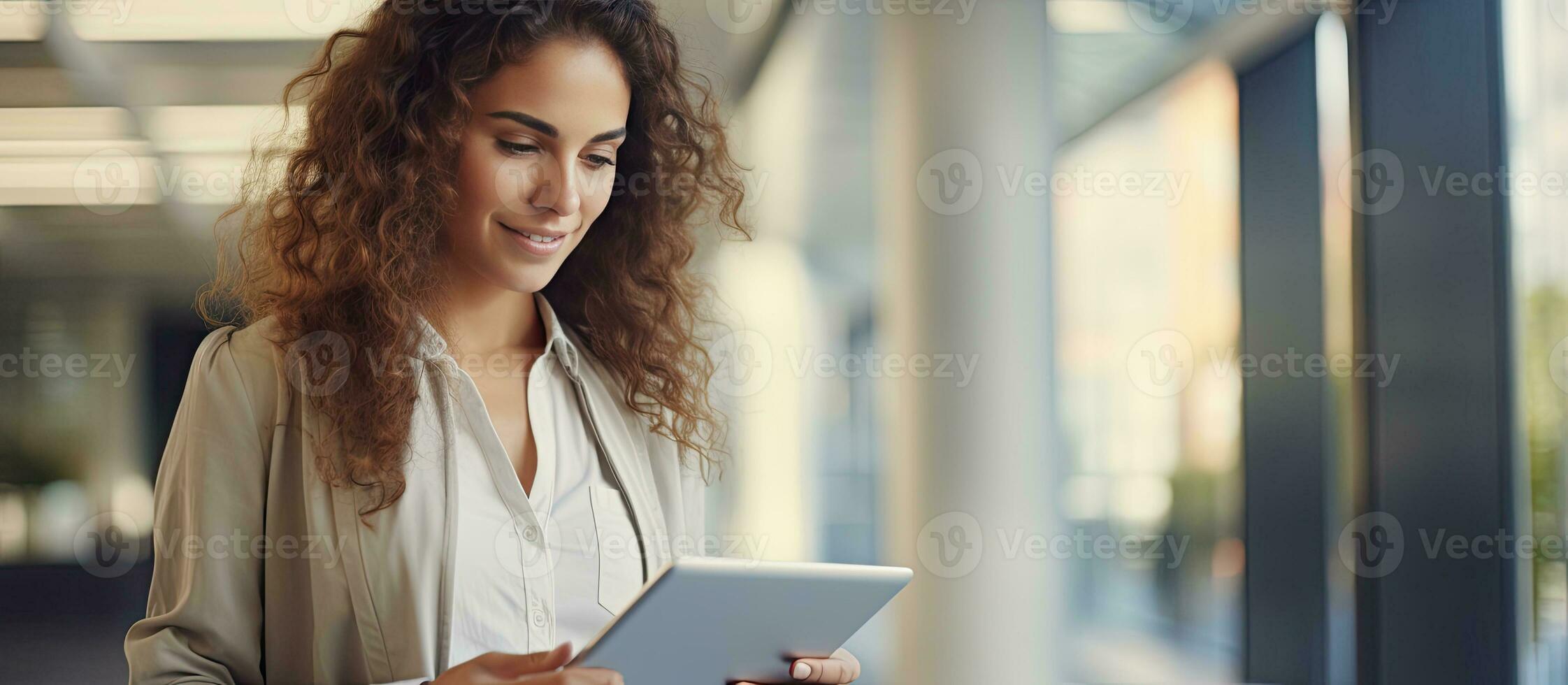 Young woman student using digital tablet standing on campus with laptop and empty space photo