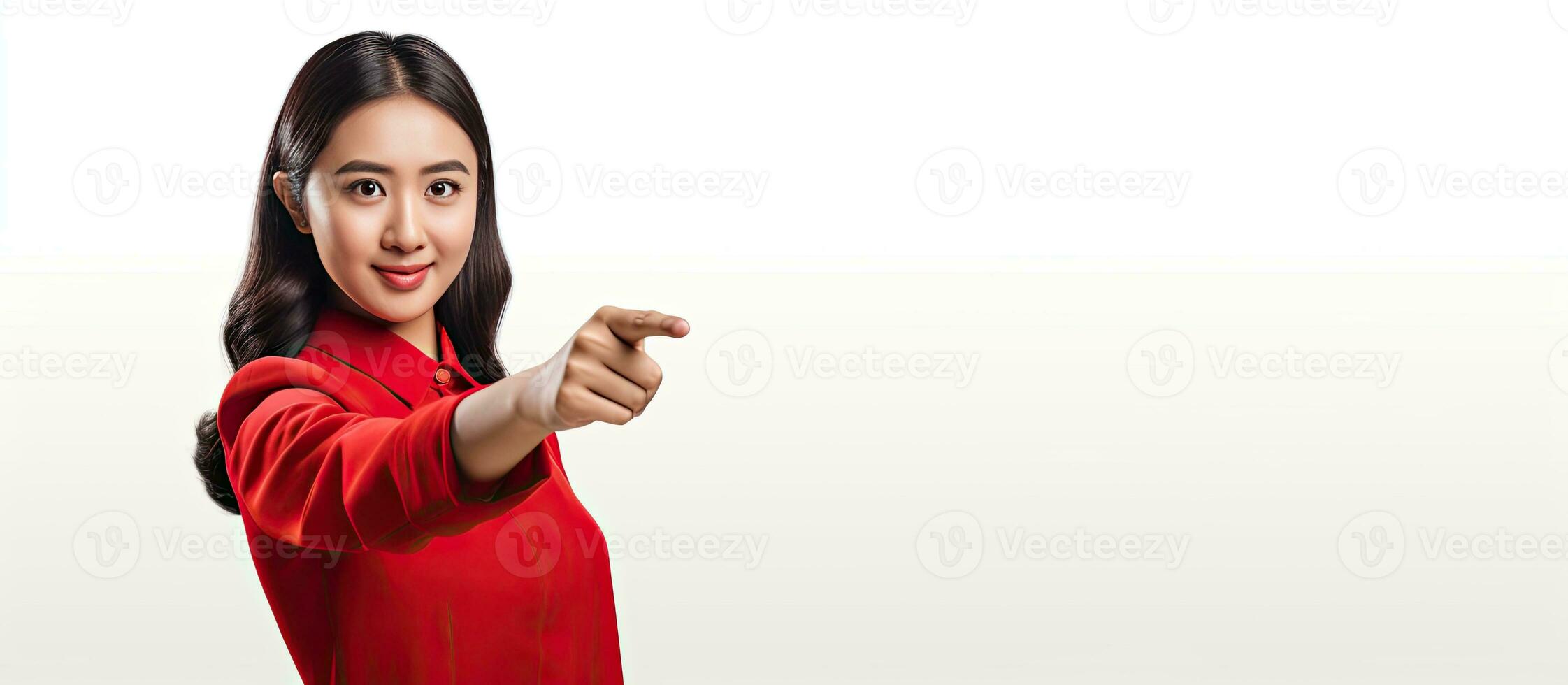 Beautiful Asian woman in red outfit celebrating Indonesia Independence Day pointing to the side for copy space on a white background photo