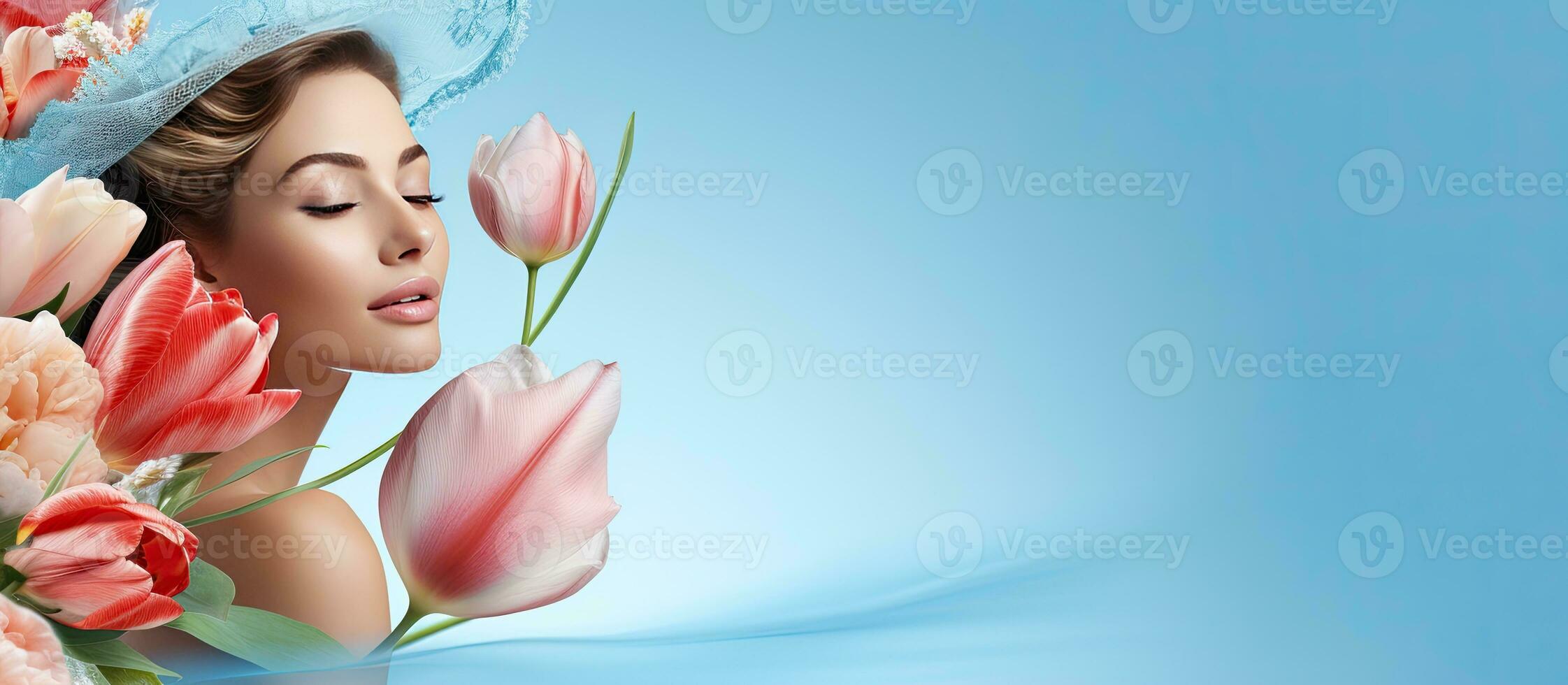 Happy woman holding tulips against blue backdrop celebrating Women s Day Isolated face portrait banner with blank space photo