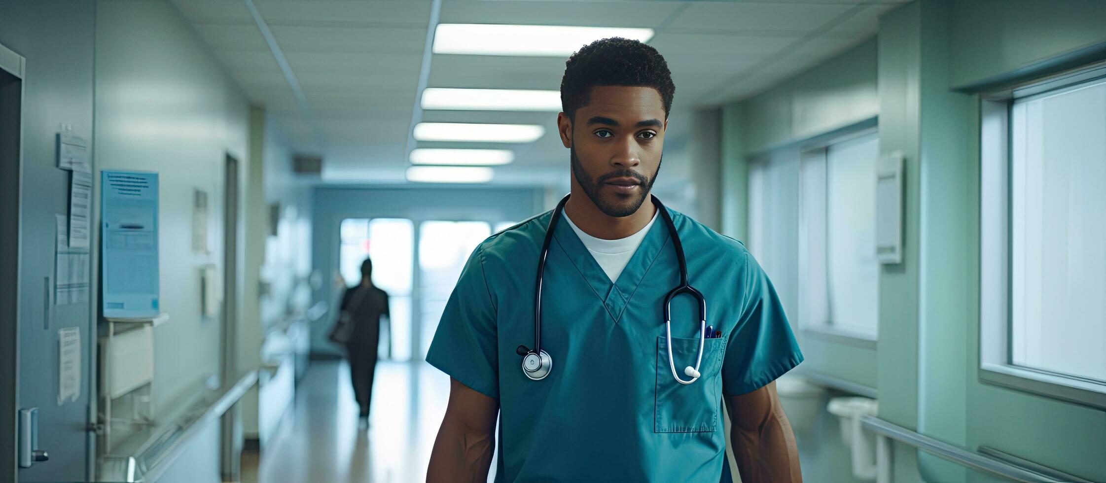 African American male doctor browsing patient notes in hospital corridor empty space Healthcare and medical services photo