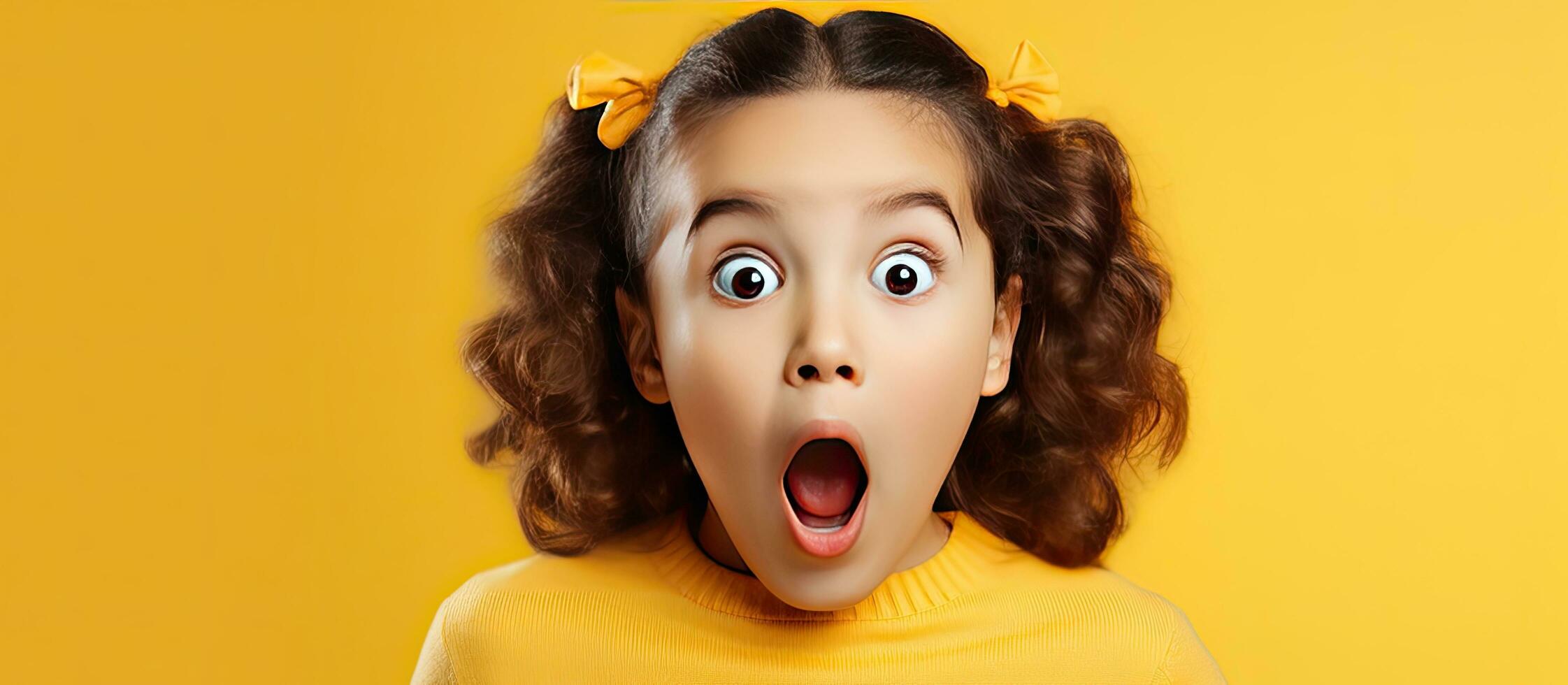 A girl presenting a product on a yellow background for a big sale isolated portrait with copy space photo