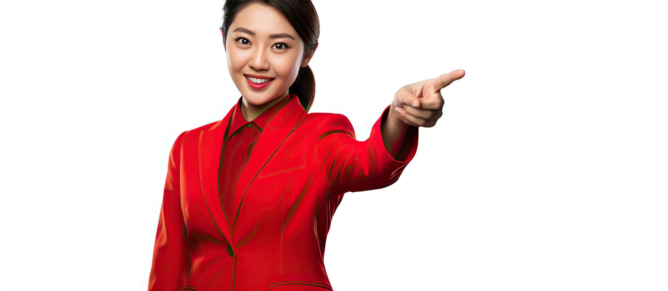 Asian woman in red outfit posing for Independence Day pointing to the side on white background photo