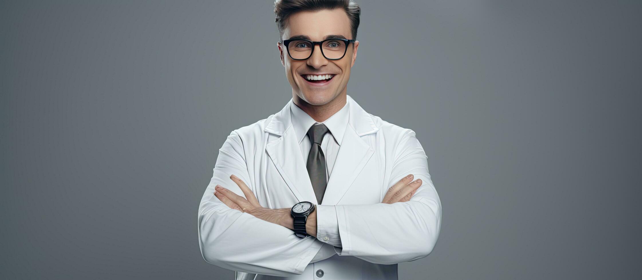 Male dentist with white coat glasses and stethoscope looks at camera with open hands on gray background photo