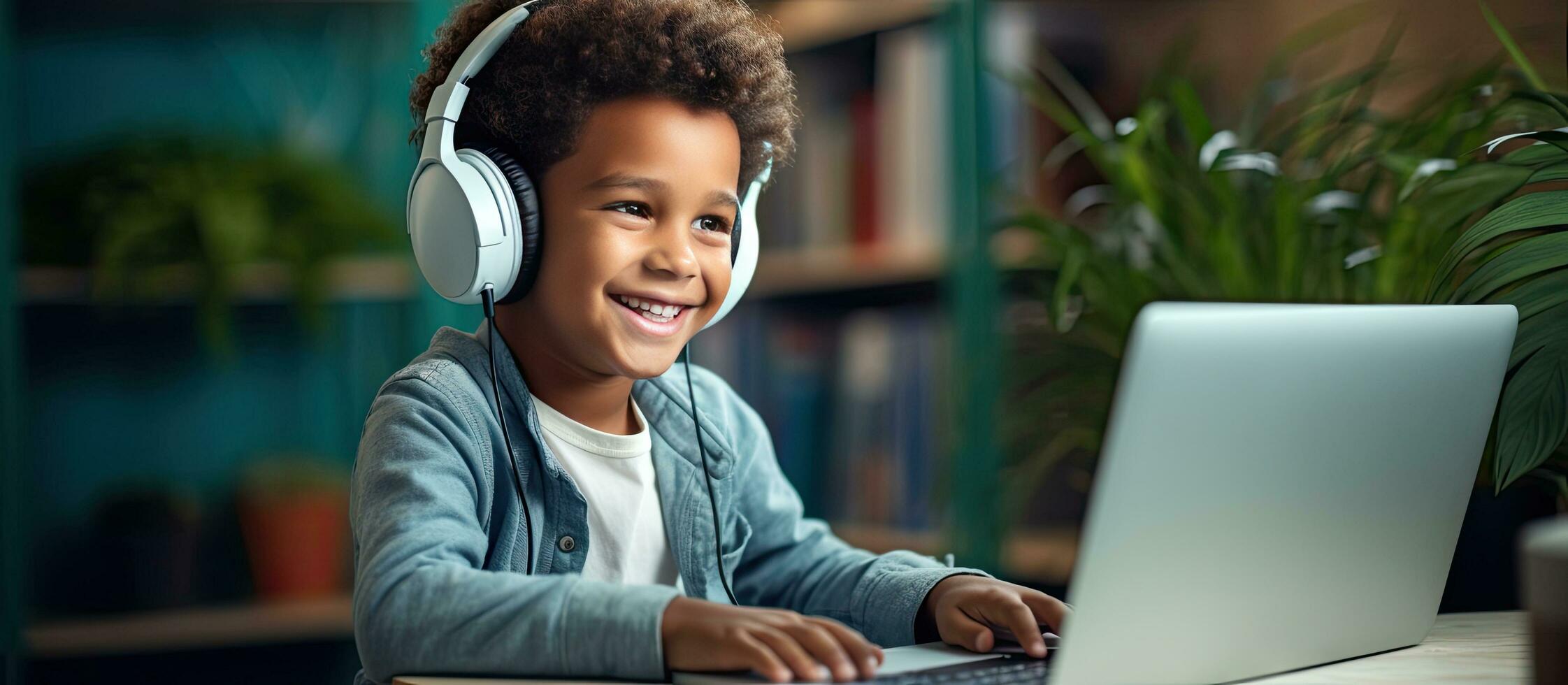 Childhood student studying at home with headphones typing on laptop for online e learning photo