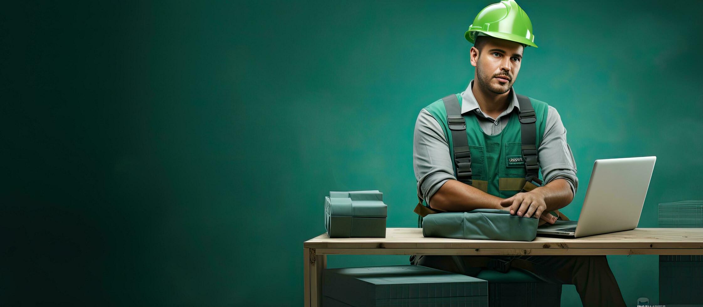 Composite image of a caucasian architect using a laptop in workwear with copy space on a green background emphasizing safety and wireless technology photo