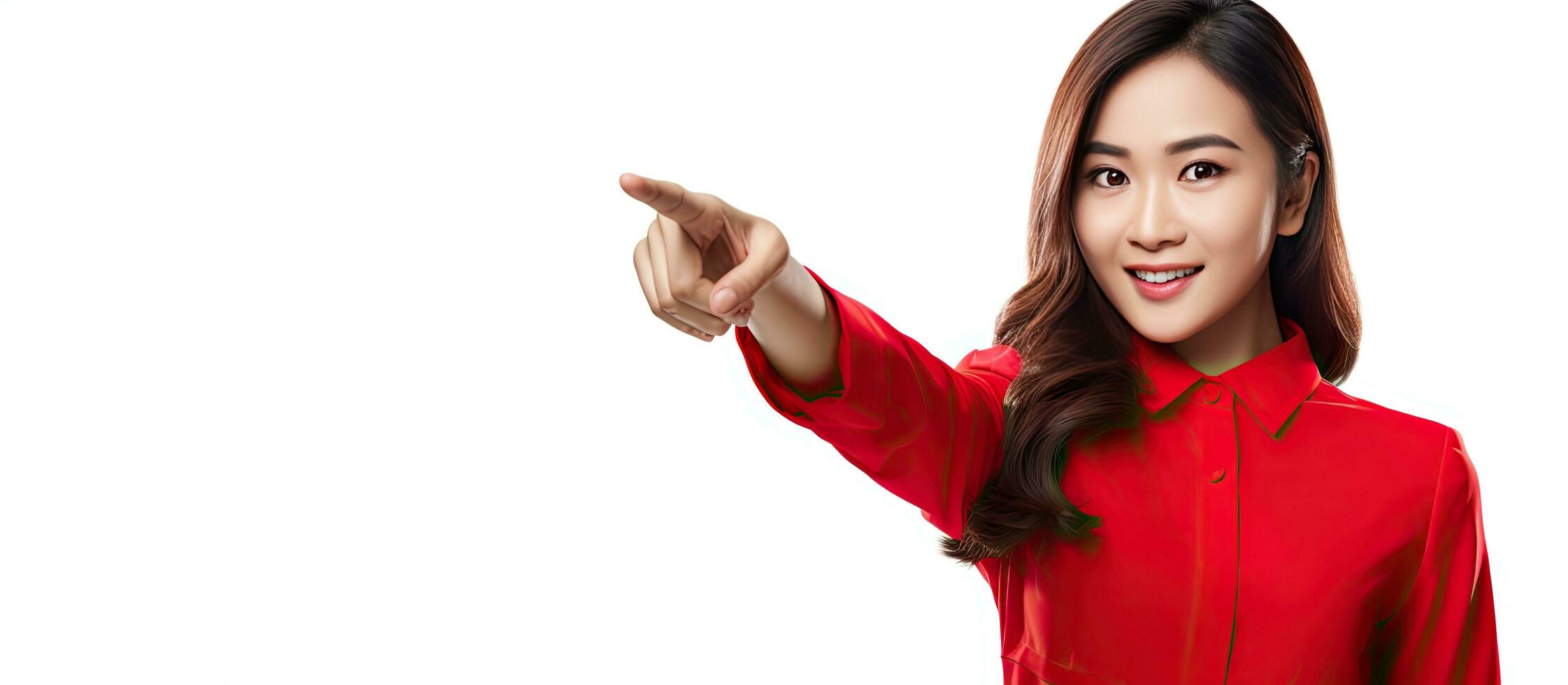 Beautiful Asian woman in red outfit celebrating Indonesia s independence day posing with copy space Soft focus with white background photo