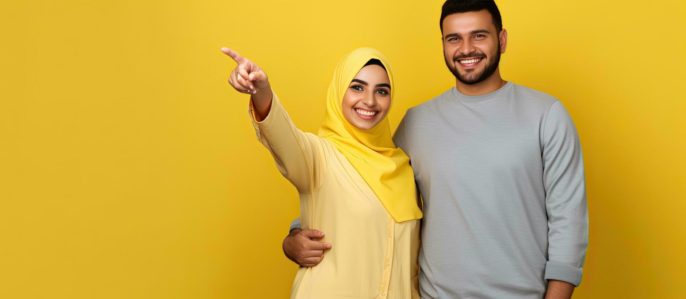 Pointing Arab couple showing empty space hugging on yellow background for advertising photo