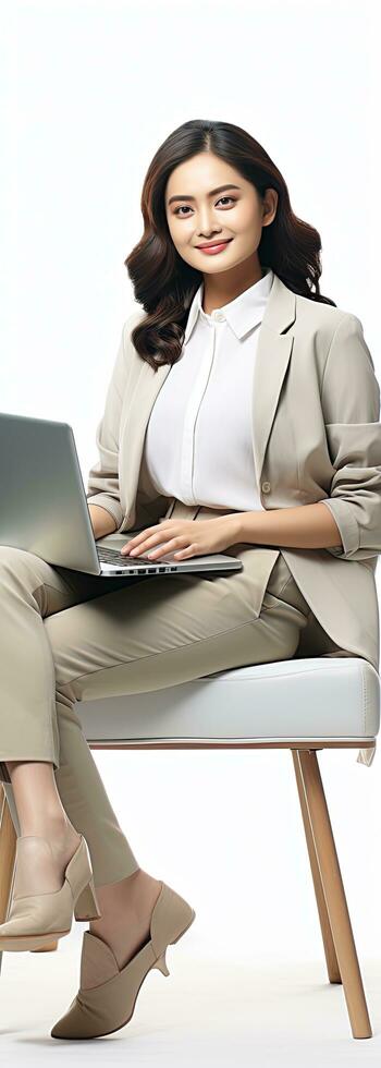 Asian woman sitting on chair using laptop isolated on white with copy space photo