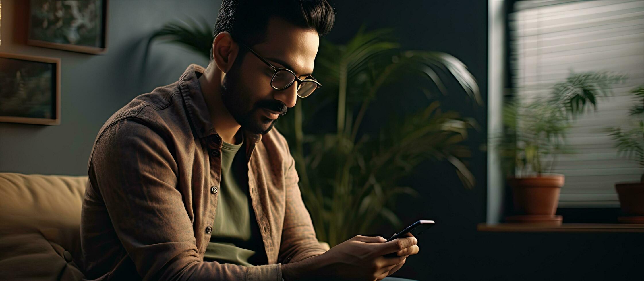 Smiling Indian man happily using smartphone at home office enjoying modern technologies photo