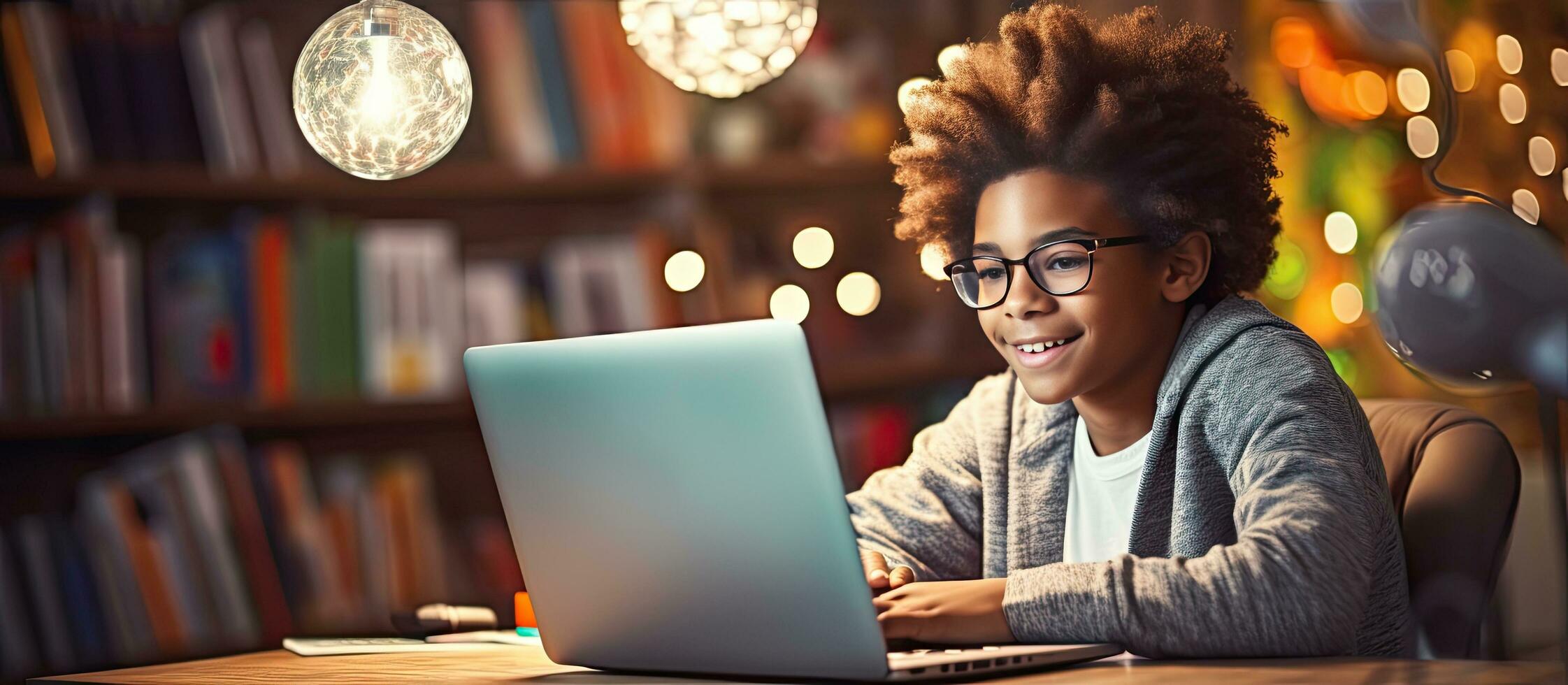 Young African American boy using laptop for online studying at home photo