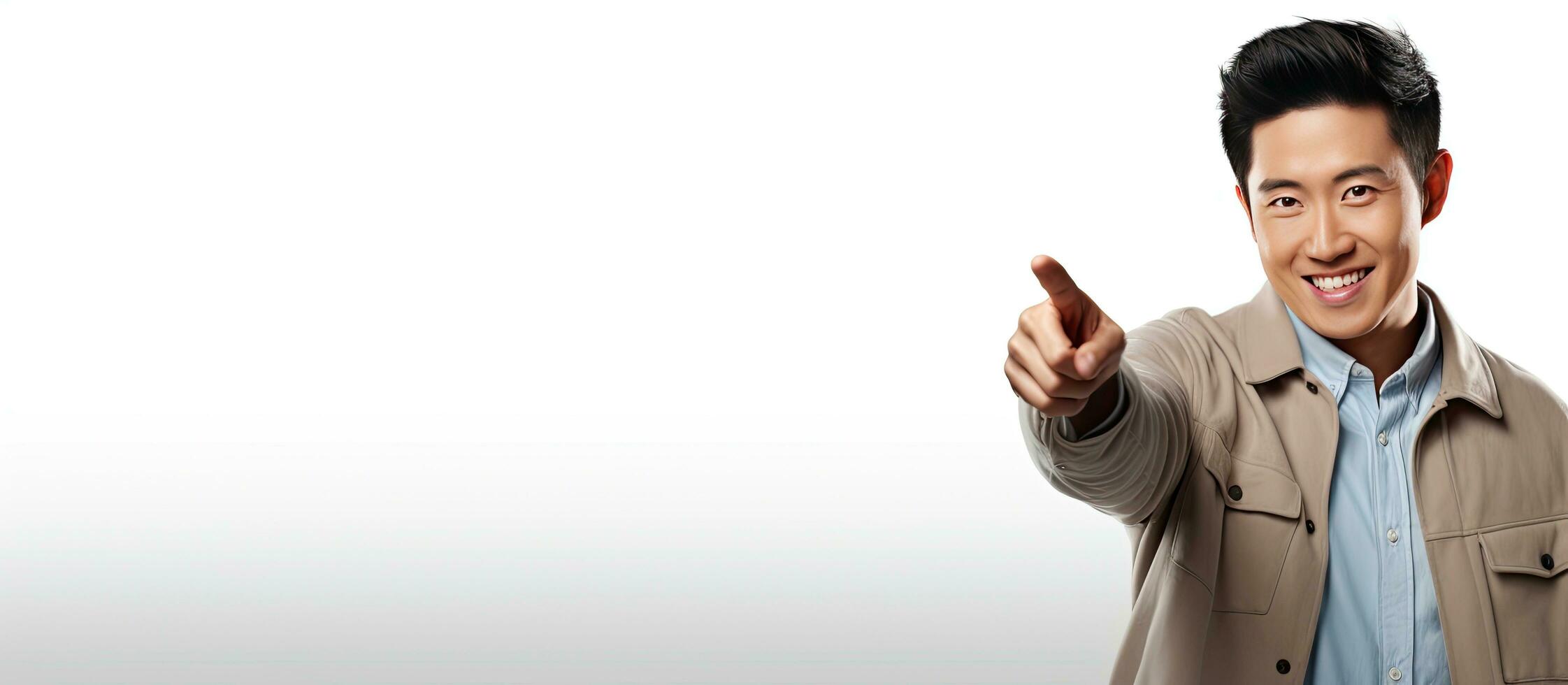 Asian guy pointing fingers away in white studio background for your text or logo photo