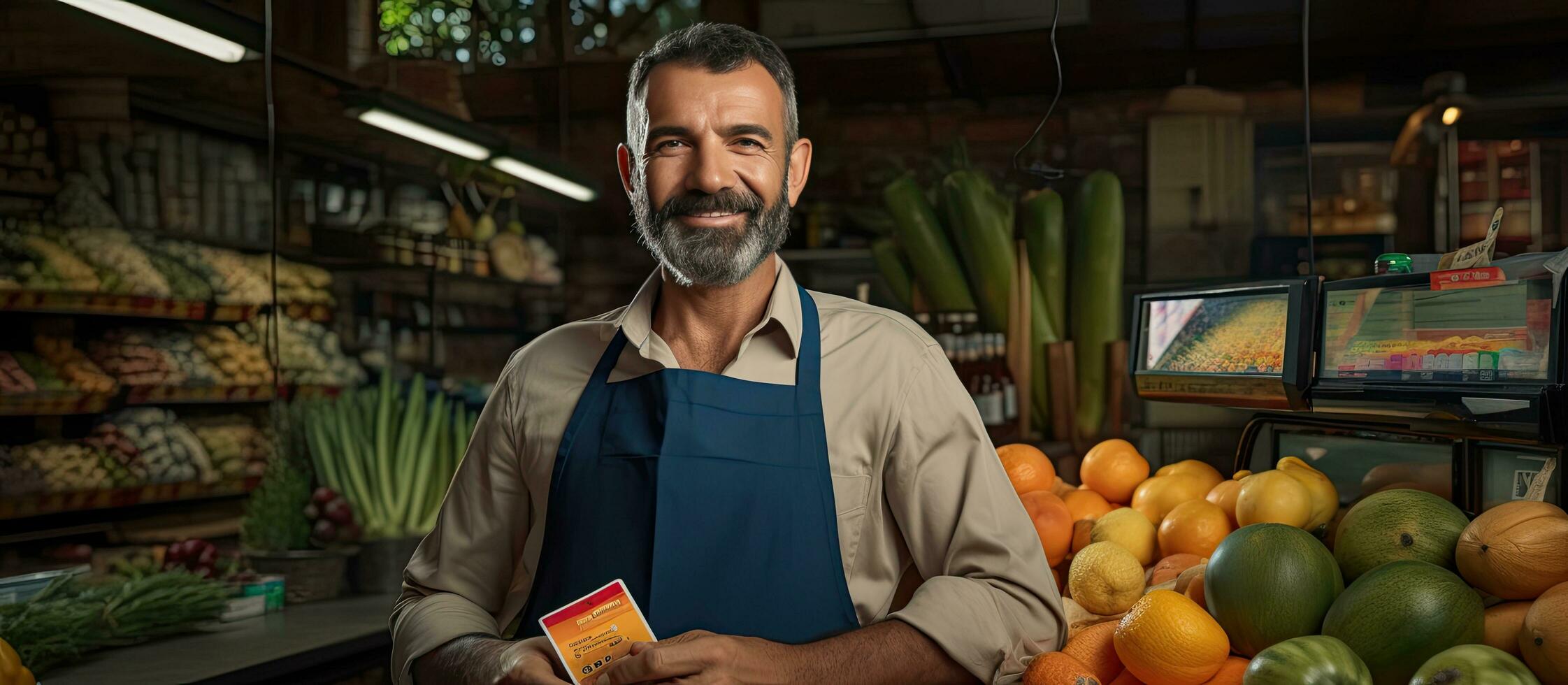 Latin greengrocer holding credit card and making eye contact with camera photo