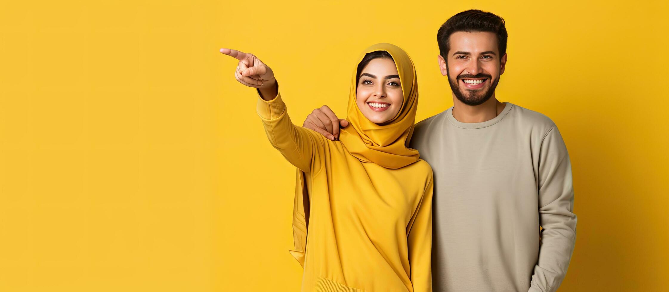 Pointing Arab couple showing empty space hugging on yellow background for advertising photo