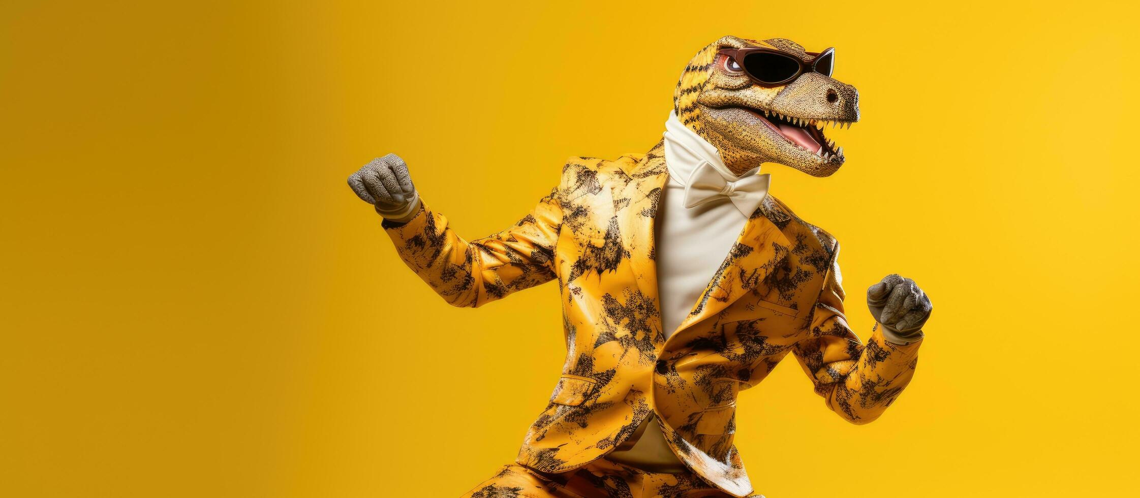 leopardo vestido una americana hombre en dinosaurio máscara bailes cómicamente aislado en amarillo antecedentes foto