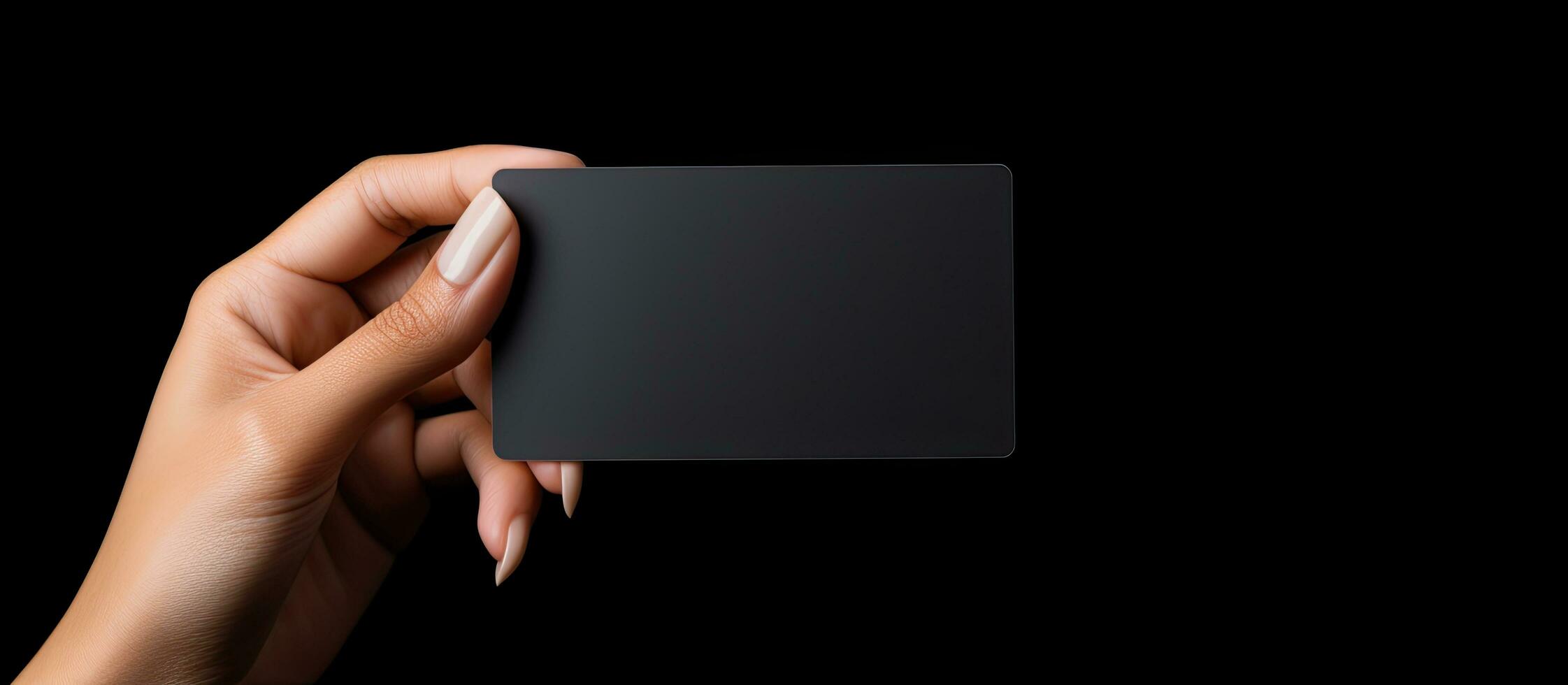 Caucasian woman s hand holds black business card on black background Symbolizes business and writing space photo