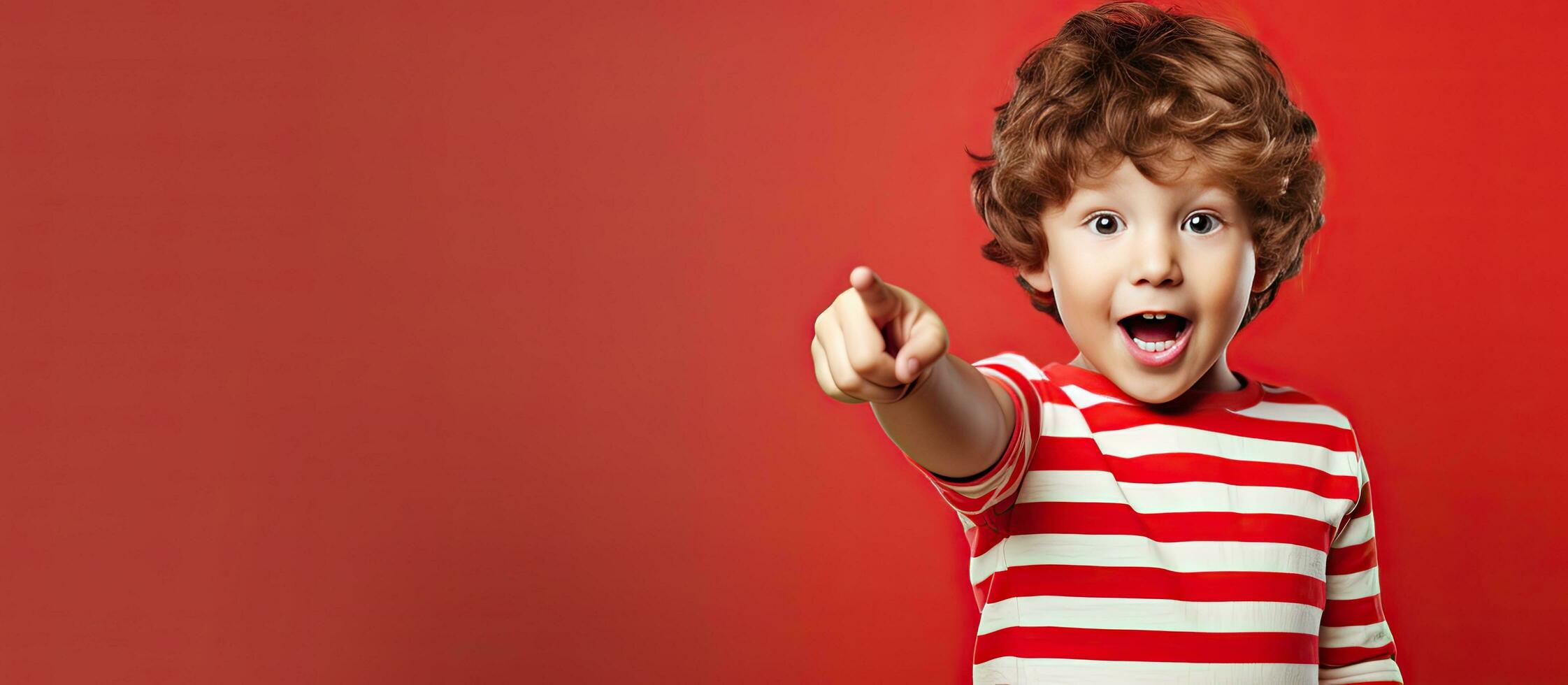 Excited little boy in striped shirt pointing to empty space offering room for ad photo