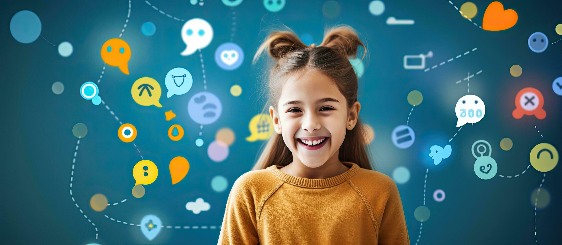 Smiling young woman holding social media banner and global communication concept photo